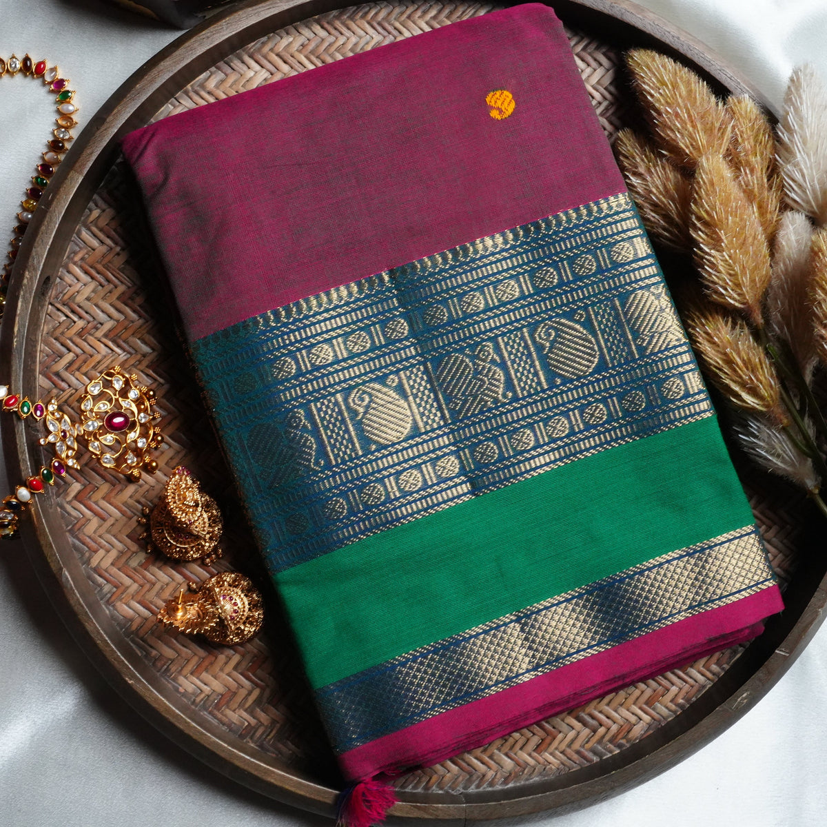 Regal Heritage: Deep Magenta Handloom Replica Kanchi Cotton Saree - SAROYA