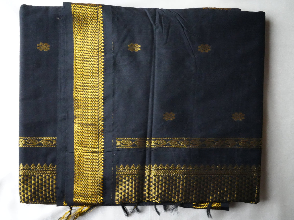 🖤 Regal Jet Black Kalyani Cotton Saree with Antique Gold Zari Weave & Temple Spire Motifs ✨🥻 - SAROYA