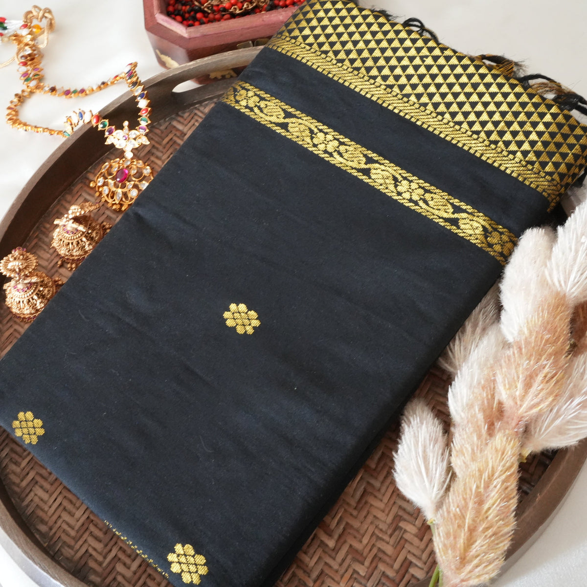 🖤 Regal Jet Black Kalyani Cotton Saree with Antique Gold Zari Weave & Temple Spire Motifs ✨🥻 - SAROYA