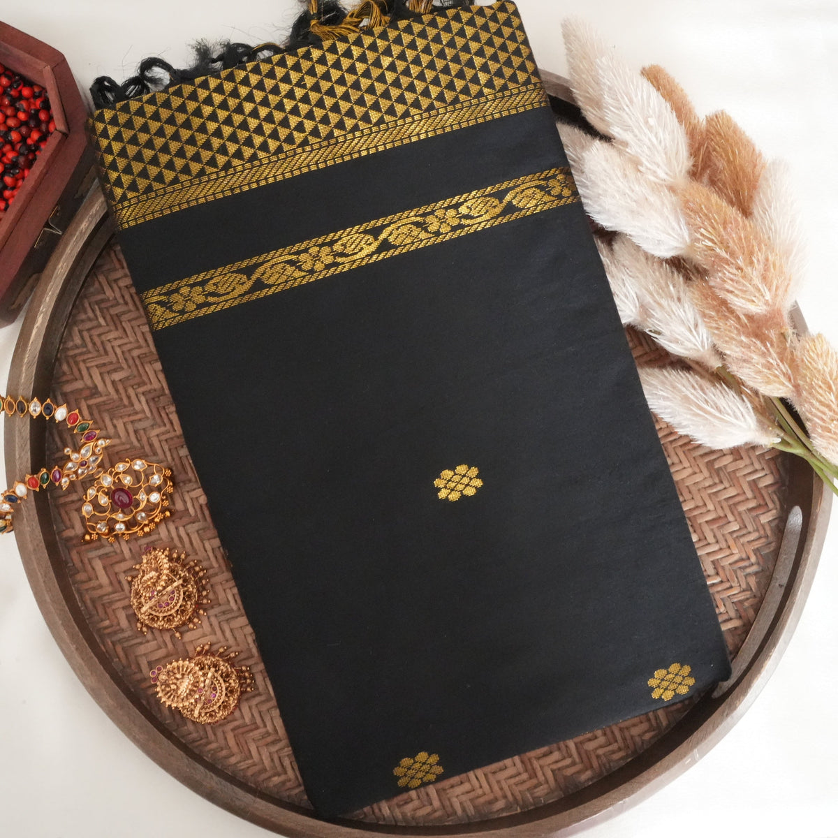 🖤 Regal Jet Black Kalyani Cotton Saree with Antique Gold Zari Weave & Temple Spire Motifs ✨🥻 - SAROYA