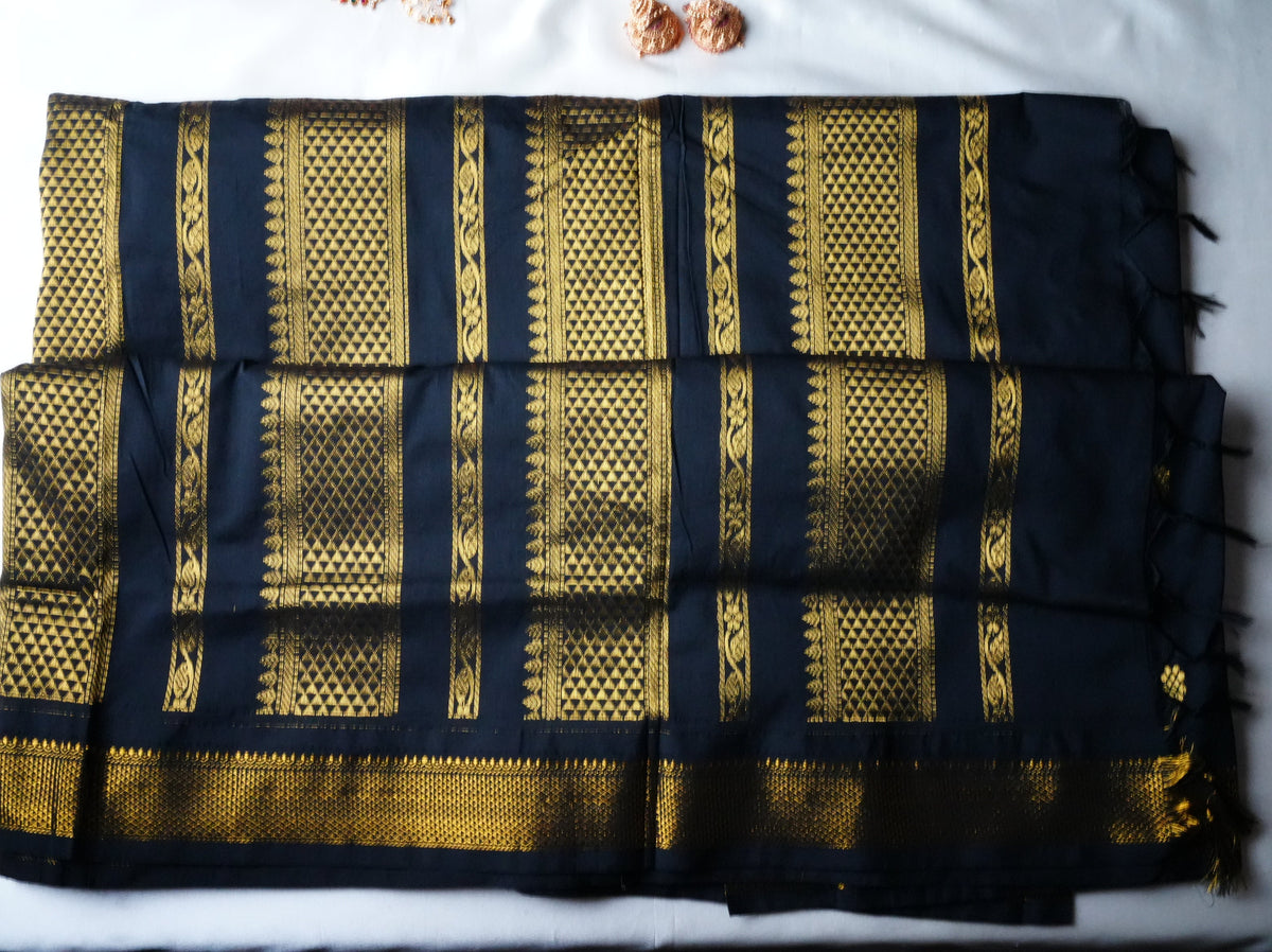 🖤 Regal Jet Black Kalyani Cotton Saree with Antique Gold Zari Weave & Temple Spire Motifs ✨🥻 - SAROYA