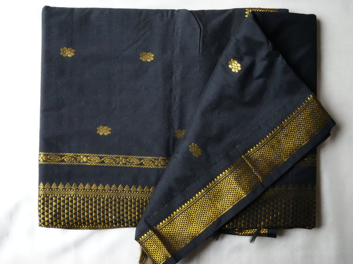 🖤 Regal Jet Black Kalyani Cotton Saree with Antique Gold Zari Weave & Temple Spire Motifs ✨🥻 - SAROYA