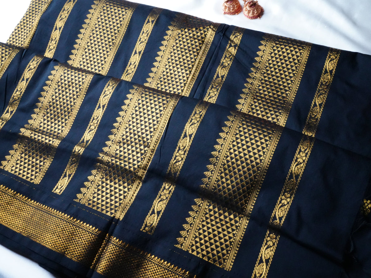 🖤 Regal Jet Black Kalyani Cotton Saree with Antique Gold Zari Weave & Temple Spire Motifs ✨🥻 - SAROYA