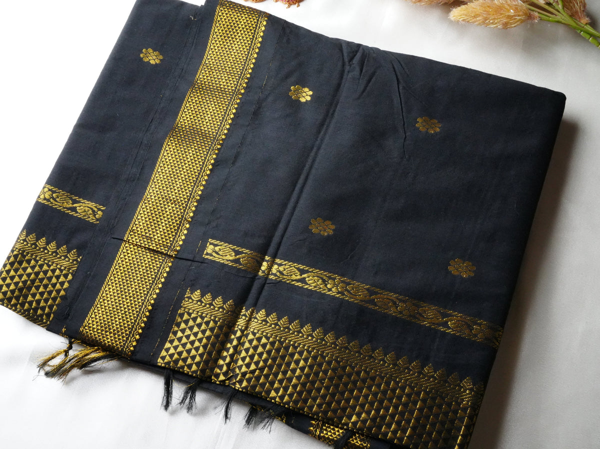 🖤 Regal Jet Black Kalyani Cotton Saree with Antique Gold Zari Weave & Temple Spire Motifs ✨🥻 - SAROYA