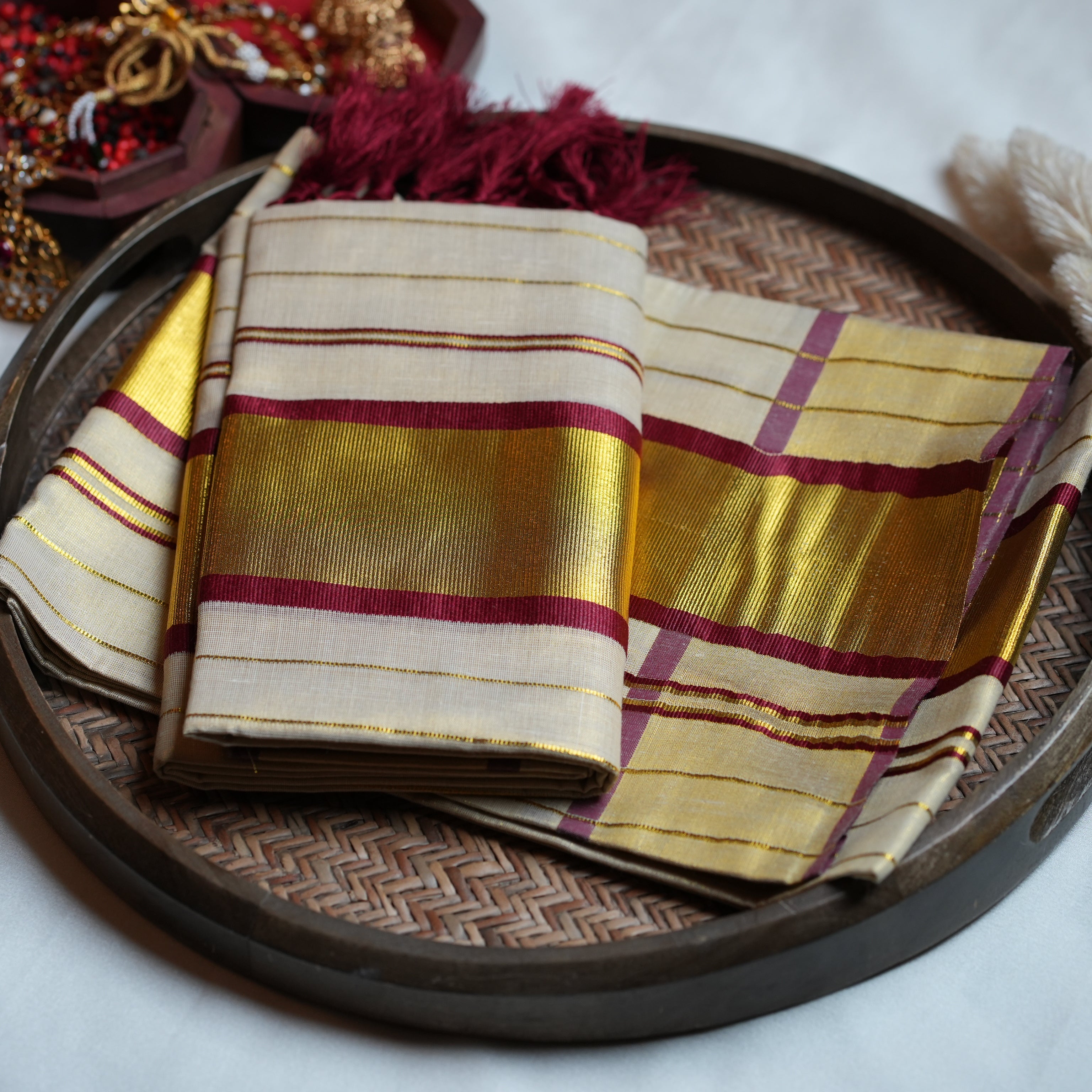 🍷 Regal Maroon & Gold Pinstripes: The Premium Tissue Kerala Set Mundu 🍷 - SAROYA