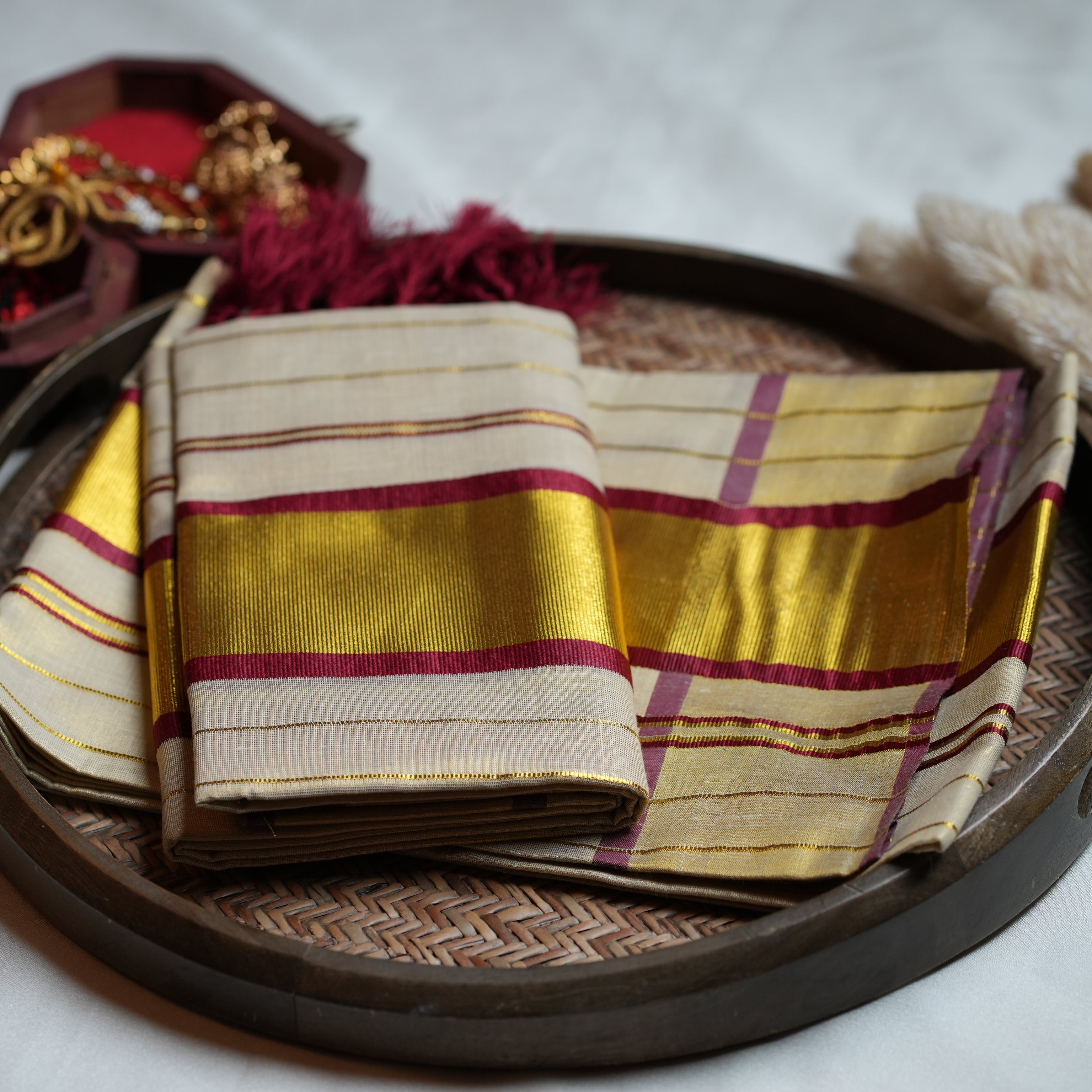 🍷 Regal Maroon & Gold Pinstripes: The Premium Tissue Kerala Set Mundu 🍷 - SAROYA
