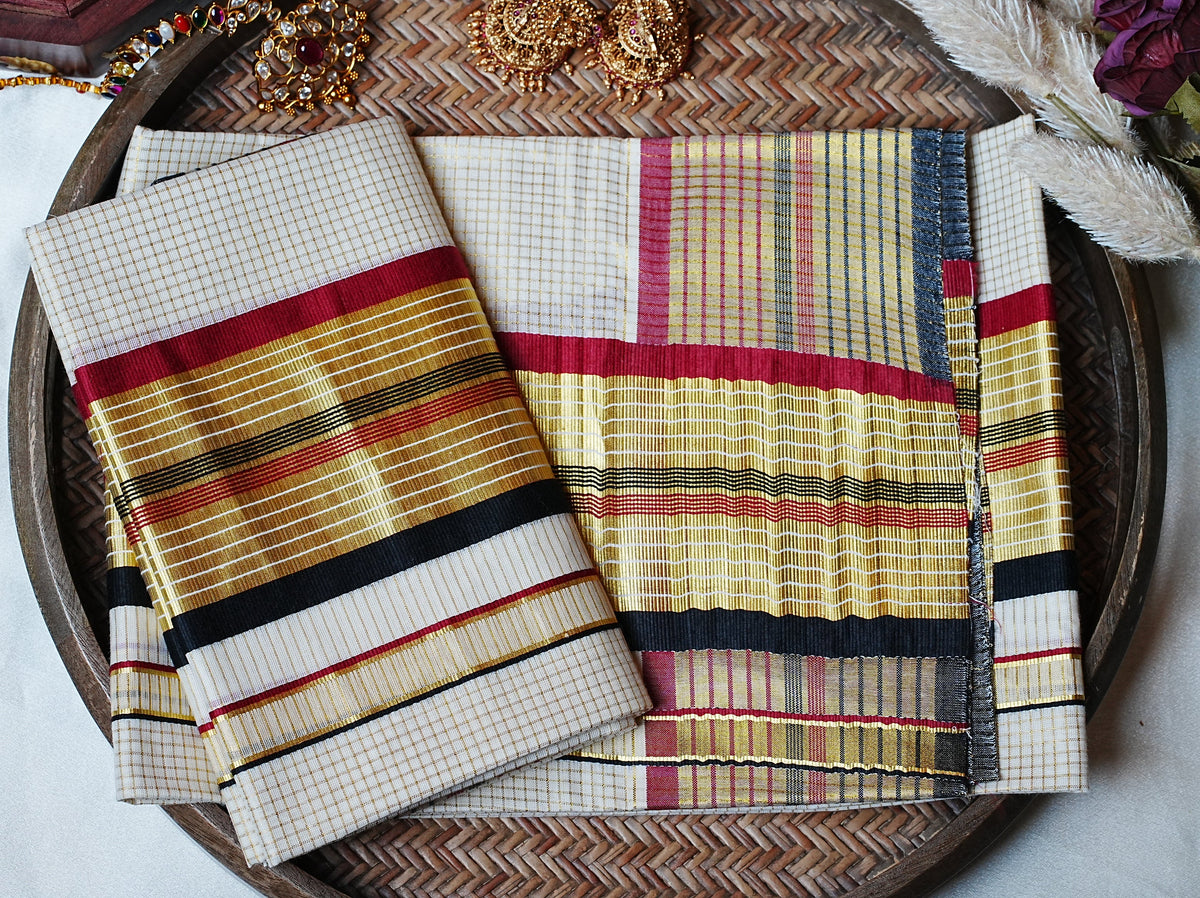 🍇 Regal Maroon & Midnight Black: Premium Checkered Cotton Kerala Single Set Mundu ✨ - SAROYA