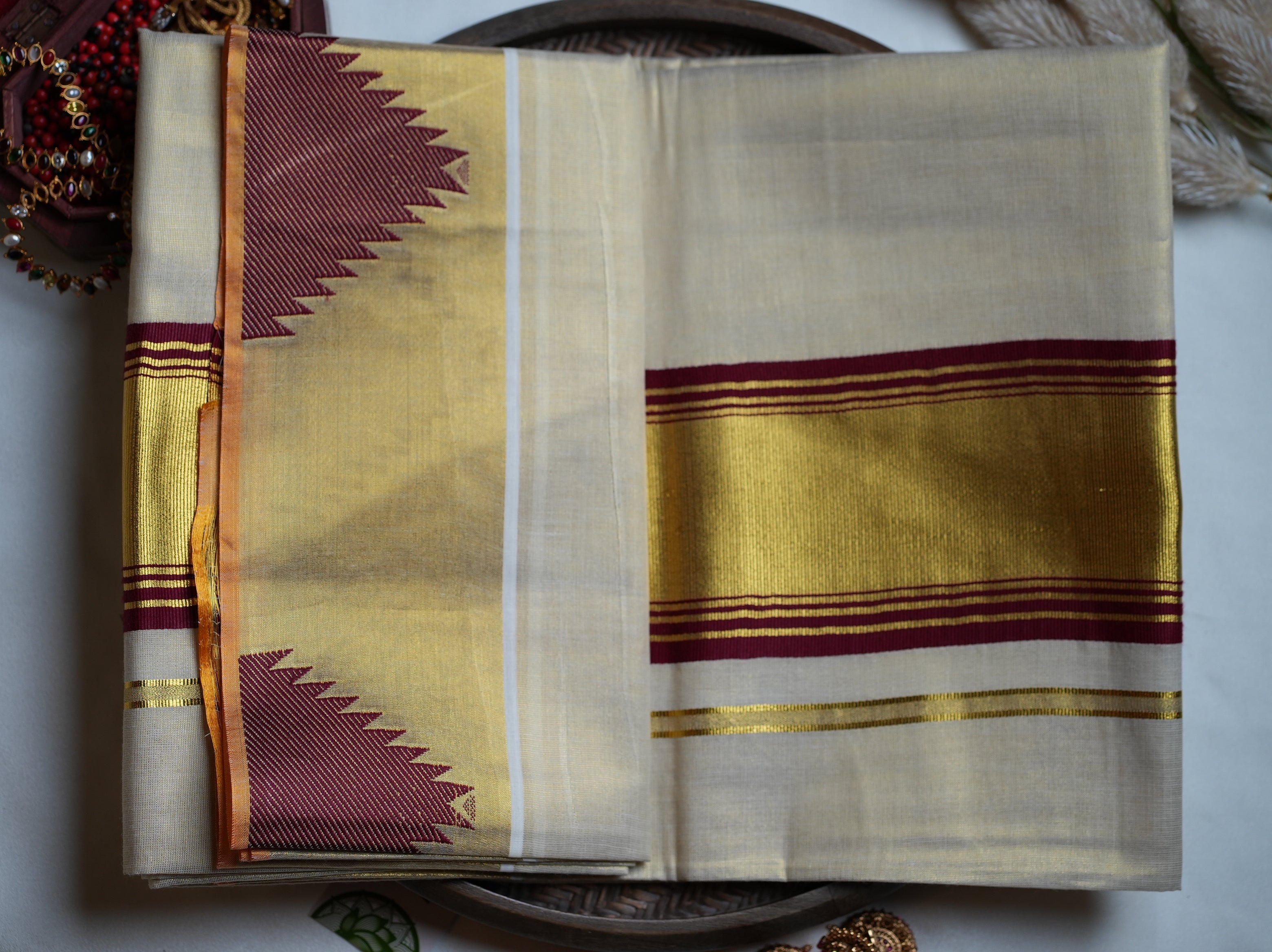 🌹 Regal Maroon & Shimmering Kasavu: The Premium Tissue Kerala Saree ✨ - SAROYA