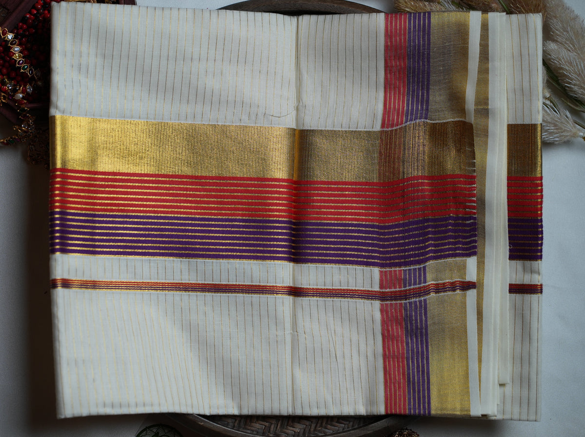 👑 Regal Royal Purple & Crimson Kasavu Cotton Kerala Saree ✨ - SAROYA