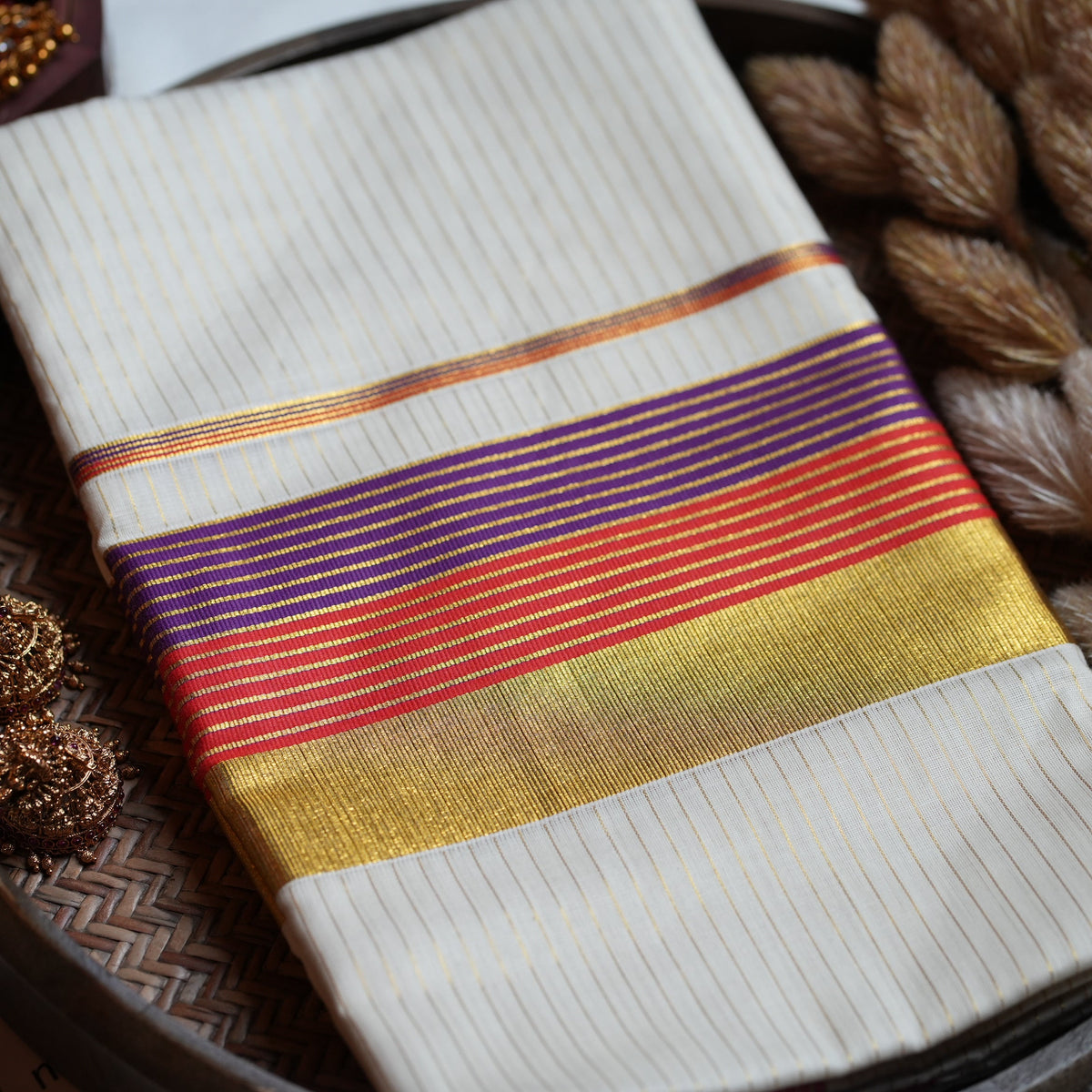 👑 Regal Royal Purple & Crimson Kasavu Cotton Kerala Saree ✨ - SAROYA