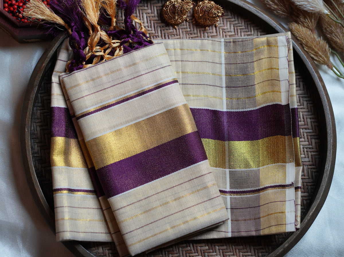 🍇 Rich Wine-Purple & Grand Kasavu: Premium Tissue Kerala Set Mundu 🌟 - SAROYA