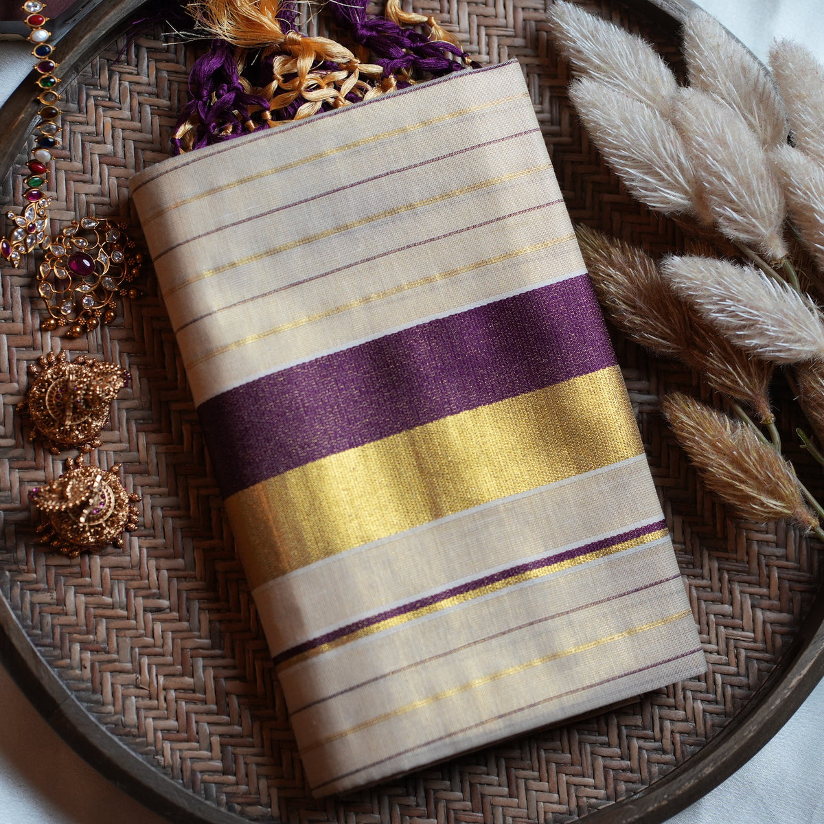 🍇 Rich Wine-Purple & Grand Kasavu: Premium Tissue Kerala Set Mundu 🌟 - SAROYA