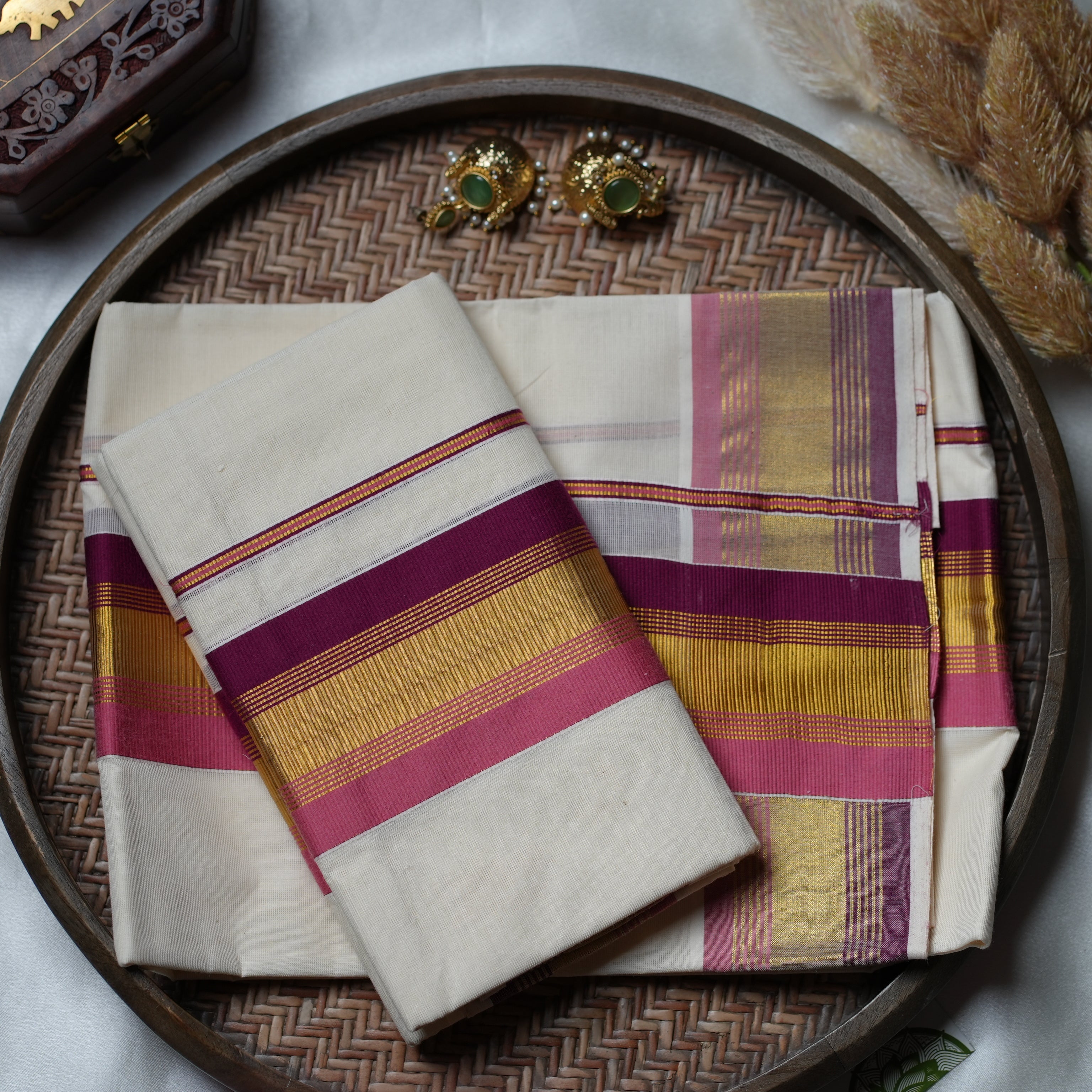 🌸 Rose Gold & Wine Harmony: The Elegant Pastel-Stripe Kerala Set Mundu 🌸 - SAROYA