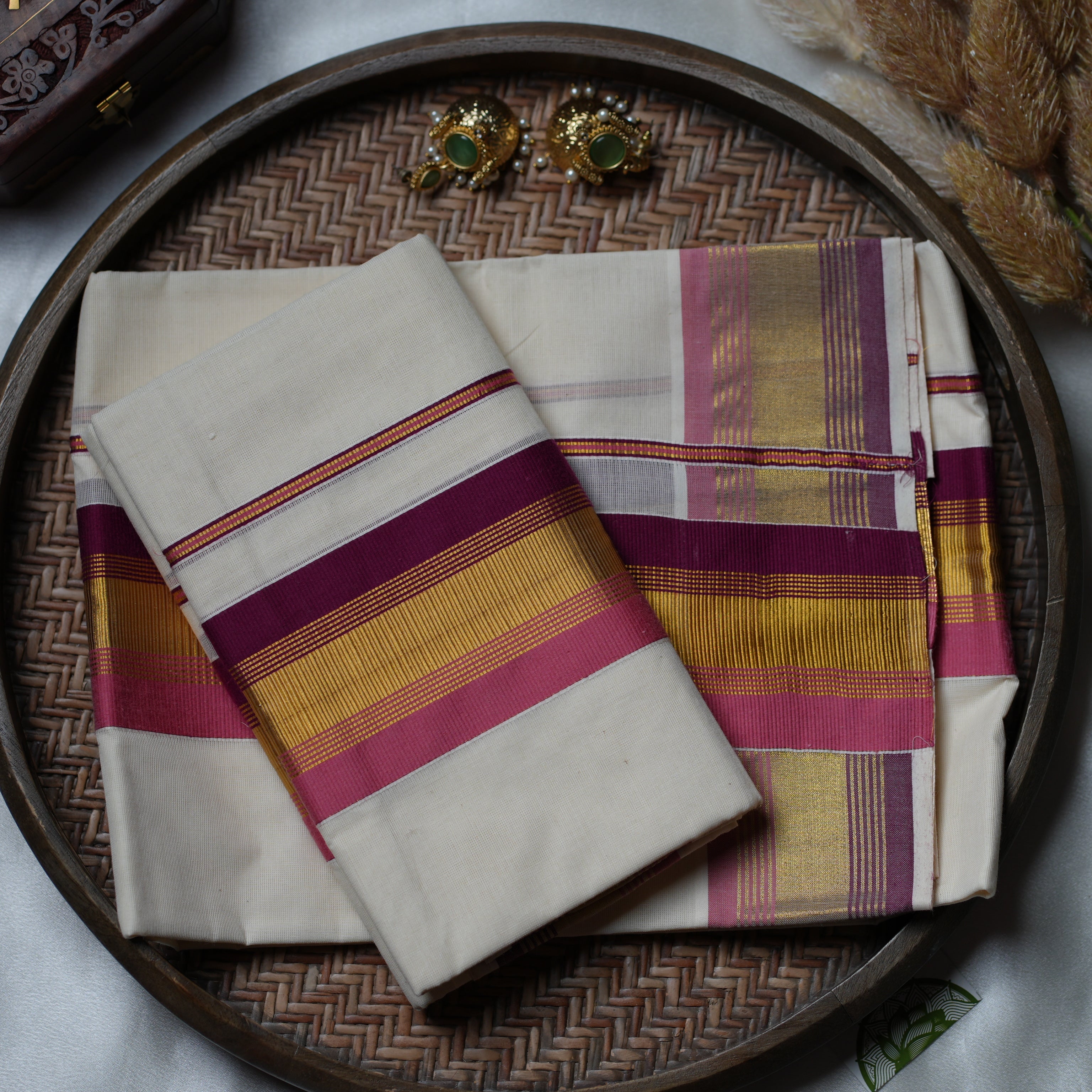 🌸 Rose Gold & Wine Harmony: The Elegant Pastel-Stripe Kerala Set Mundu 🌸 - SAROYA