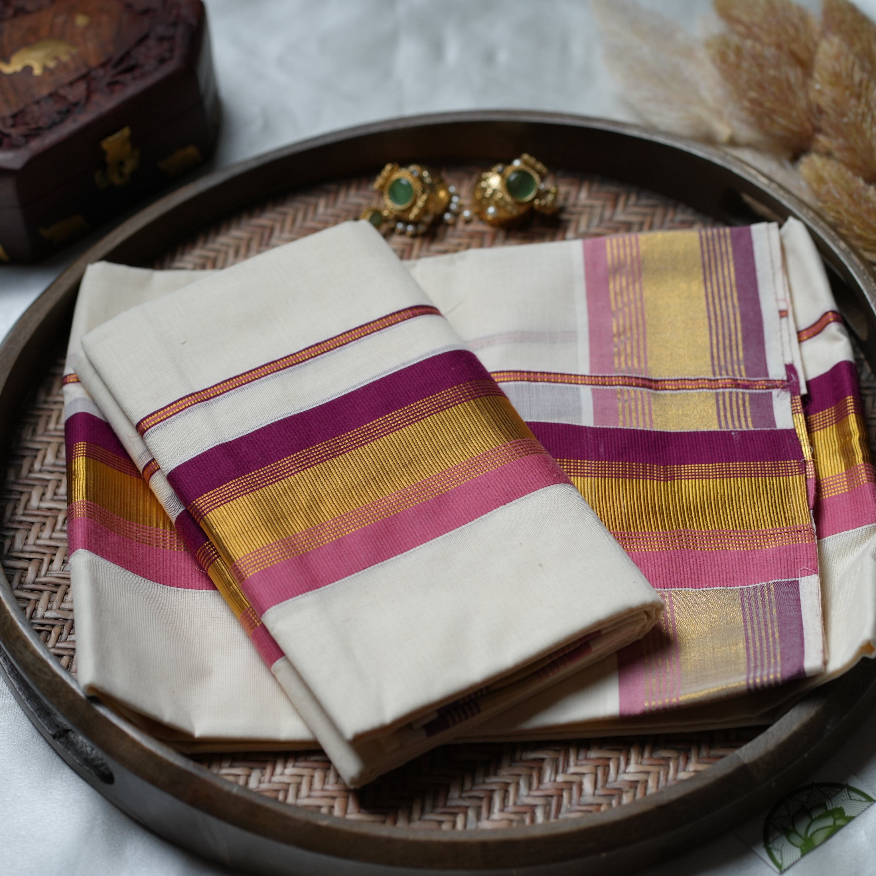 🌸 Rose Gold & Wine Harmony: The Elegant Pastel-Stripe Kerala Set Mundu 🌸 - SAROYA