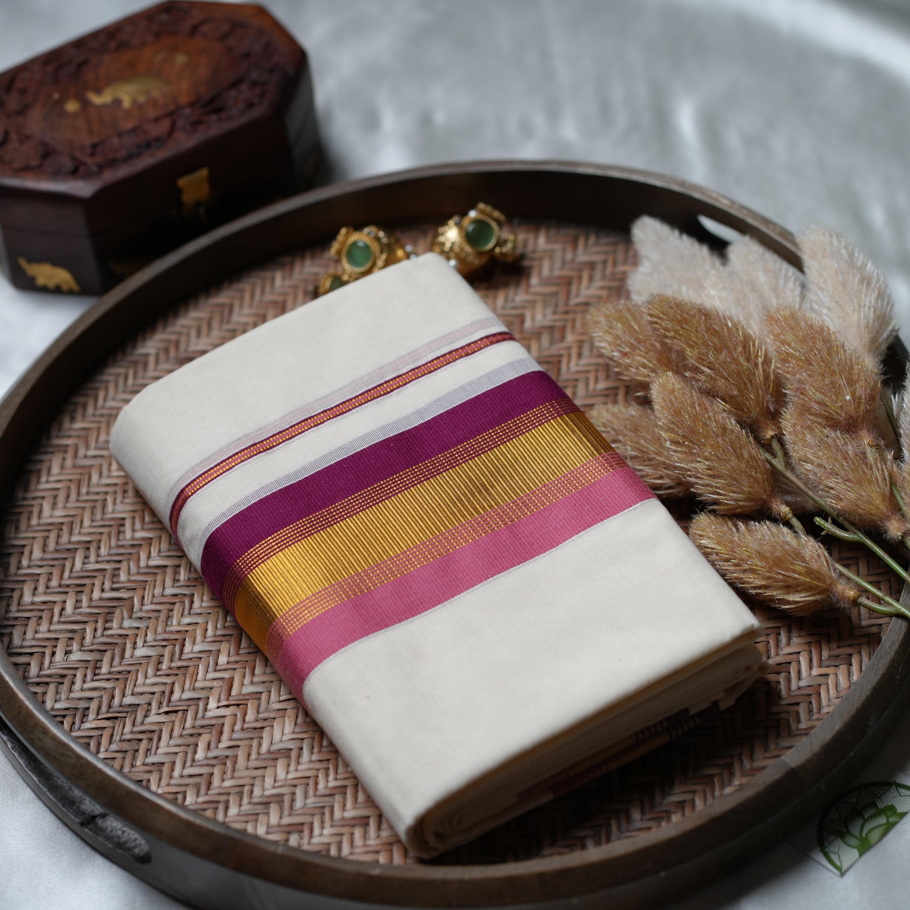 🌸 Rose Gold & Wine Harmony: The Elegant Pastel-Stripe Kerala Set Mundu 🌸 - SAROYA