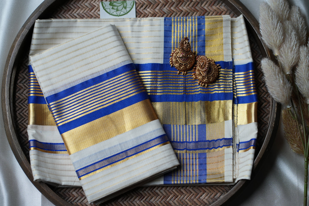 Royal Azure: Premium Kerala Set Mundu with Gold Lines and Royal Blue Accents - SAROYA