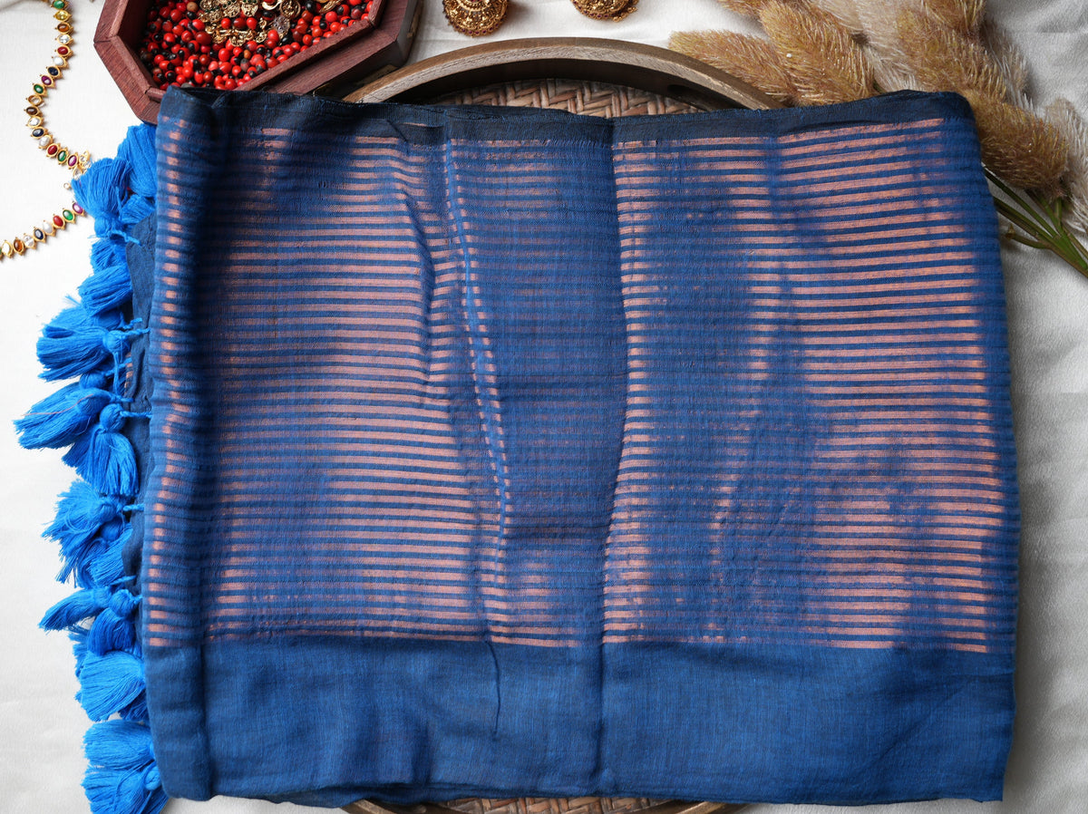 💙 Royal Blue Pure Mul Cotton Saree with Copper Zari Stripes & Electric Blue Tassels ✨🥉 - SAROYA