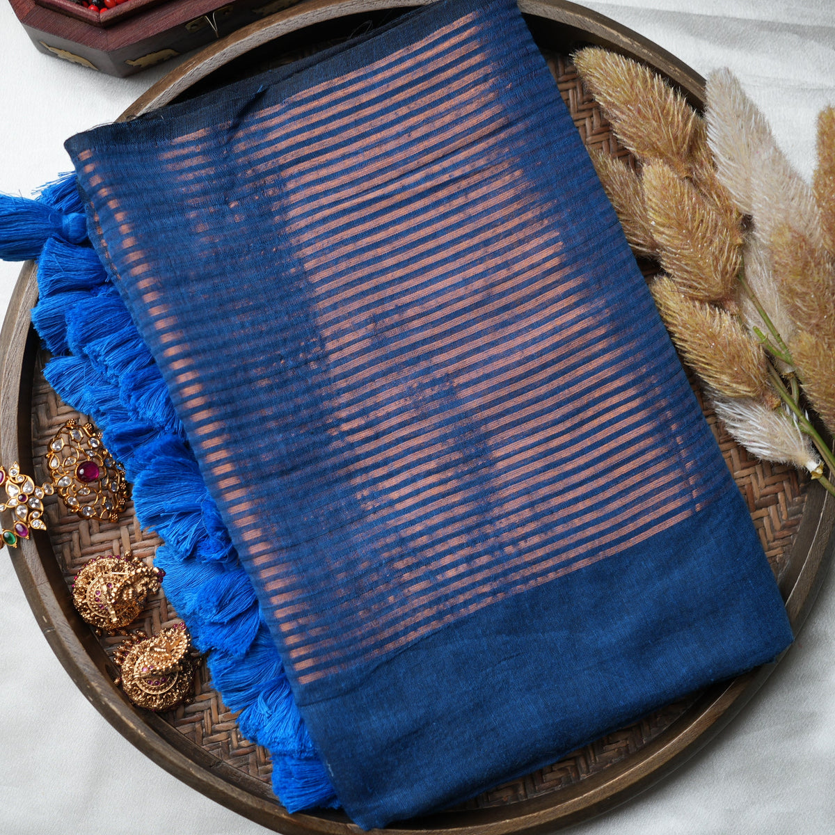 💙 Royal Blue Pure Mul Cotton Saree with Copper Zari Stripes & Electric Blue Tassels ✨🥉 - SAROYA