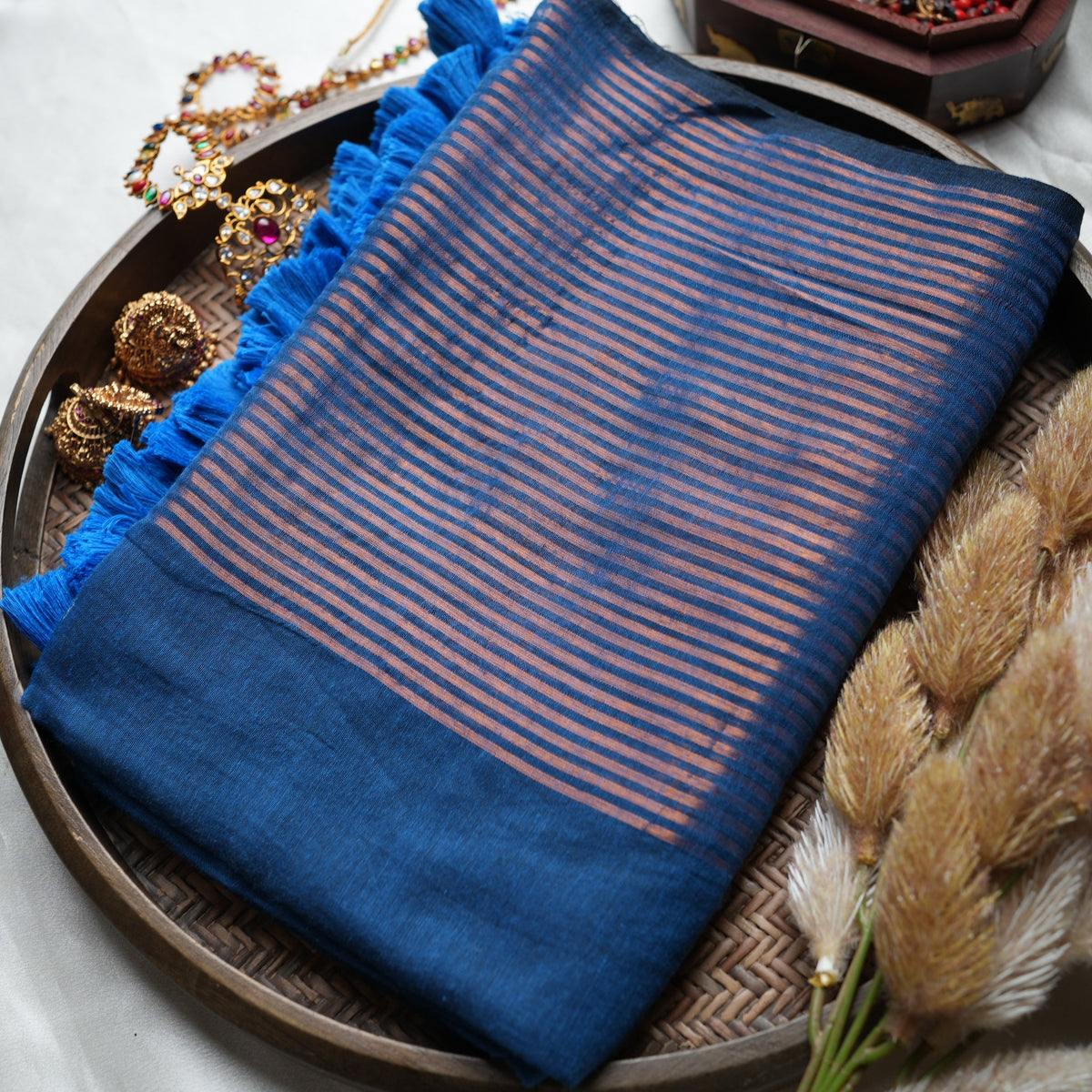 💙 Royal Blue Pure Mul Cotton Saree with Copper Zari Stripes & Electric Blue Tassels ✨🥉 - SAROYA