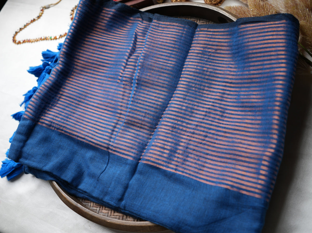 💙 Royal Blue Pure Mul Cotton Saree with Copper Zari Stripes & Electric Blue Tassels ✨🥉 - SAROYA