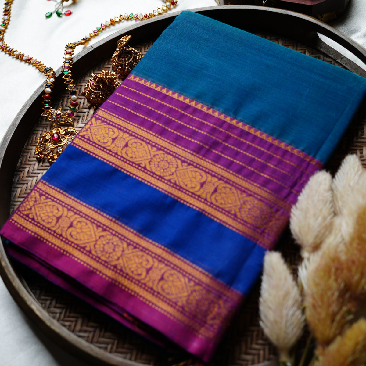 💙 Royal Blue & Teal Kanchi Cotton Saree with Magenta Zari Border ✨🥻 - SAROYA
