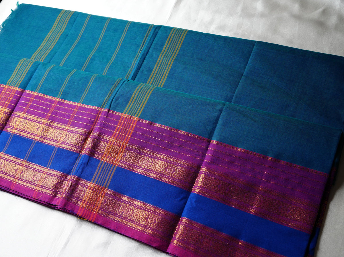 💙 Royal Blue & Teal Kanchi Cotton Saree with Magenta Zari Border ✨🥻 - SAROYA