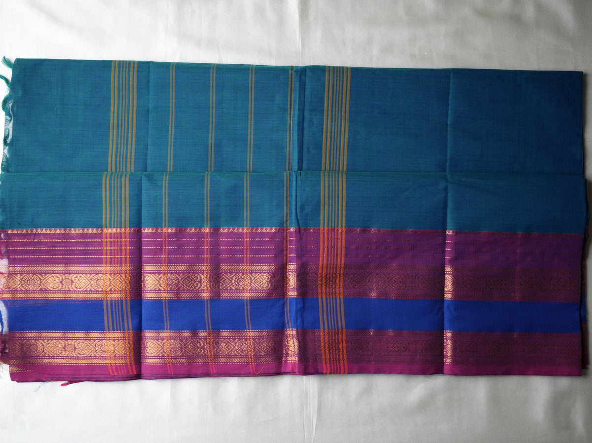 💙 Royal Blue & Teal Kanchi Cotton Saree with Magenta Zari Border ✨🥻 - SAROYA