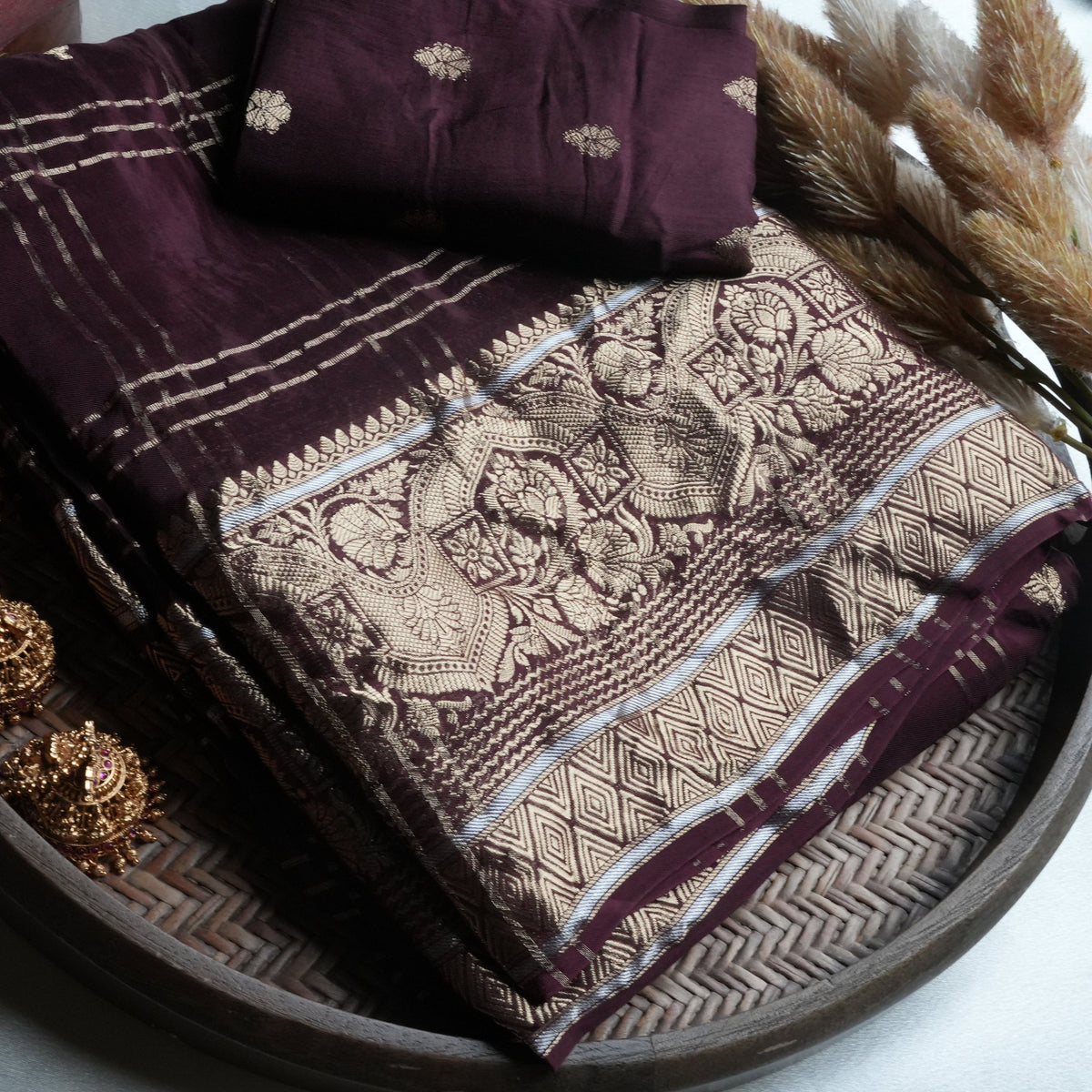 🍇 Royal Deep Wine Viscose Crepe Saree with Golden Zari Checks & Intricate Weave ✨🍷 - SAROYA