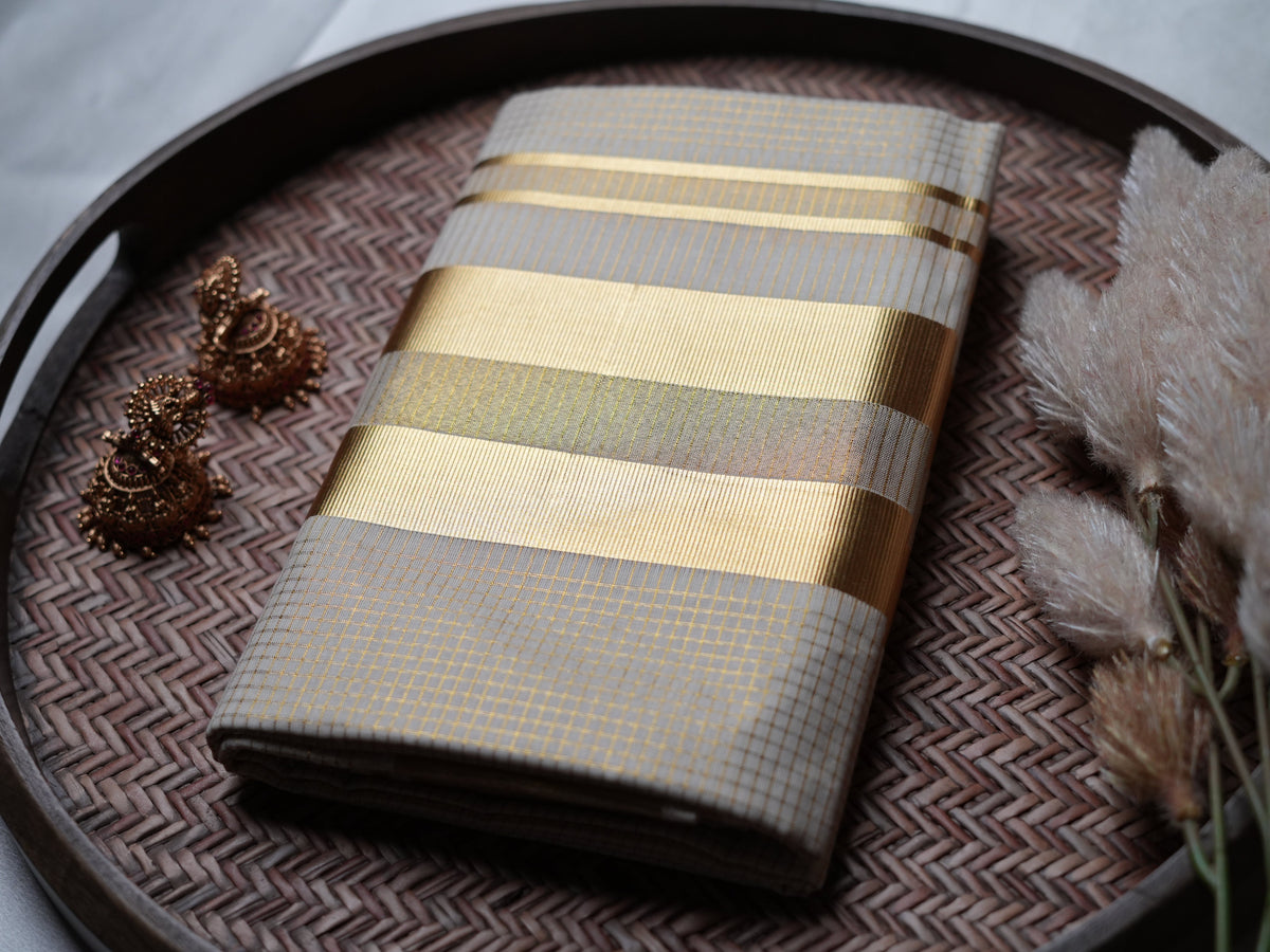 Royal Gold & Ivory Premium Handloom Replica Kerala Set Mundu with microchecks - SAROYA