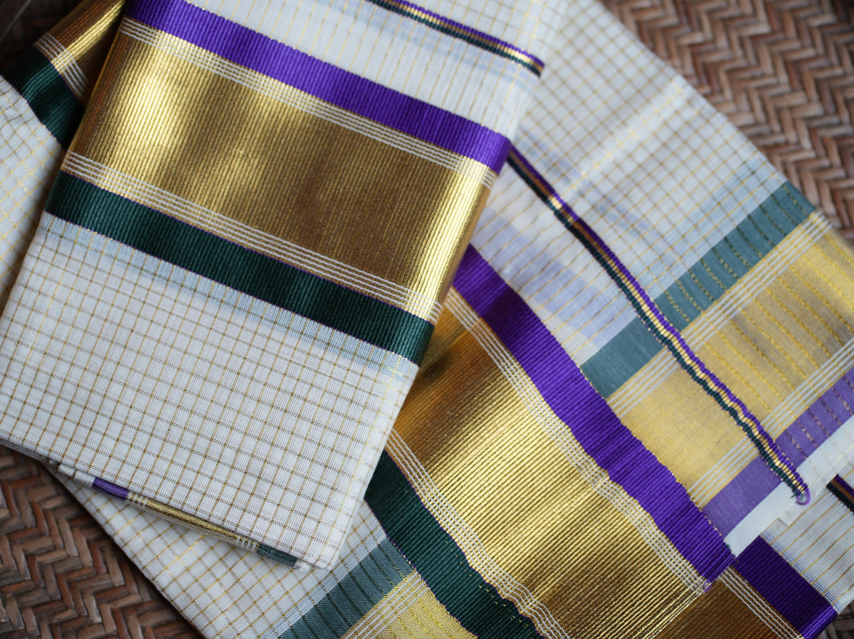 💜 Royal Iris: Kerala Set Mundu with Gold Checks, Purple & Bottle Green Borders 💚 - SAROYA