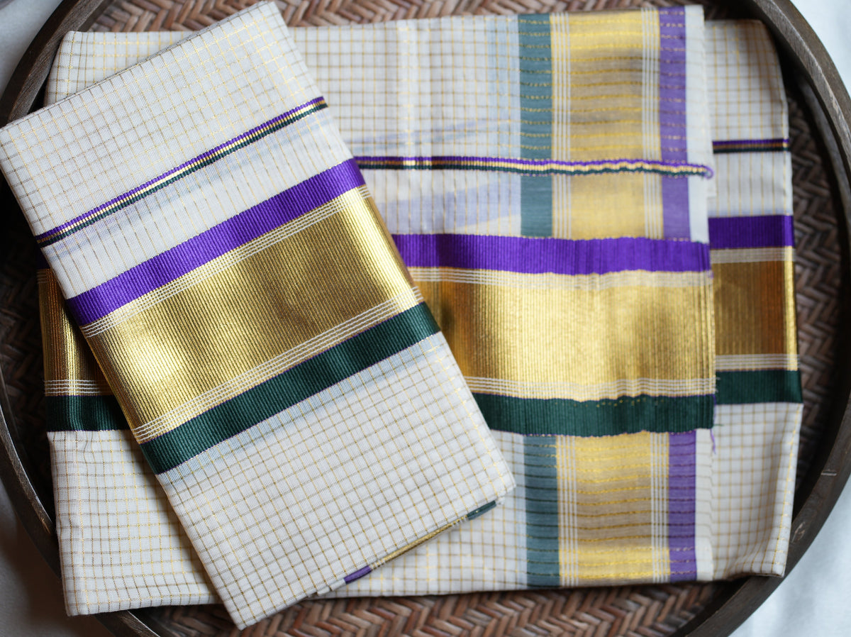 💜 Royal Iris: Kerala Set Mundu with Gold Checks, Purple & Bottle Green Borders 💚 - SAROYA