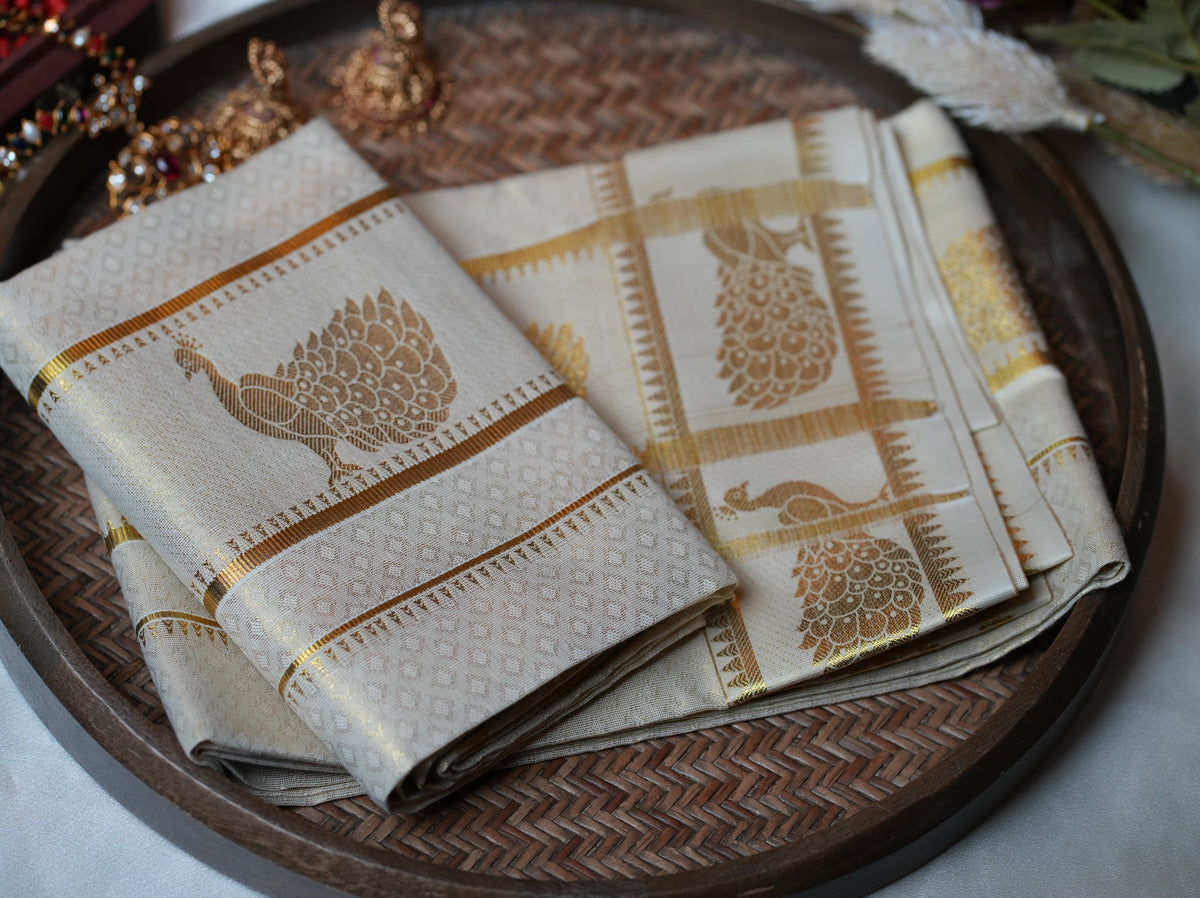 🦚 Royal Peacock Gold Zari Motif: Premium Cotton Single Set Mundu ✨ - SAROYA