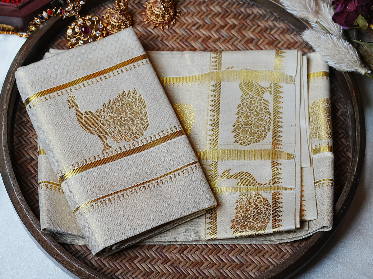 🦚 Royal Peacock Gold Zari Motif: Premium Cotton Single Set Mundu ✨ - SAROYA