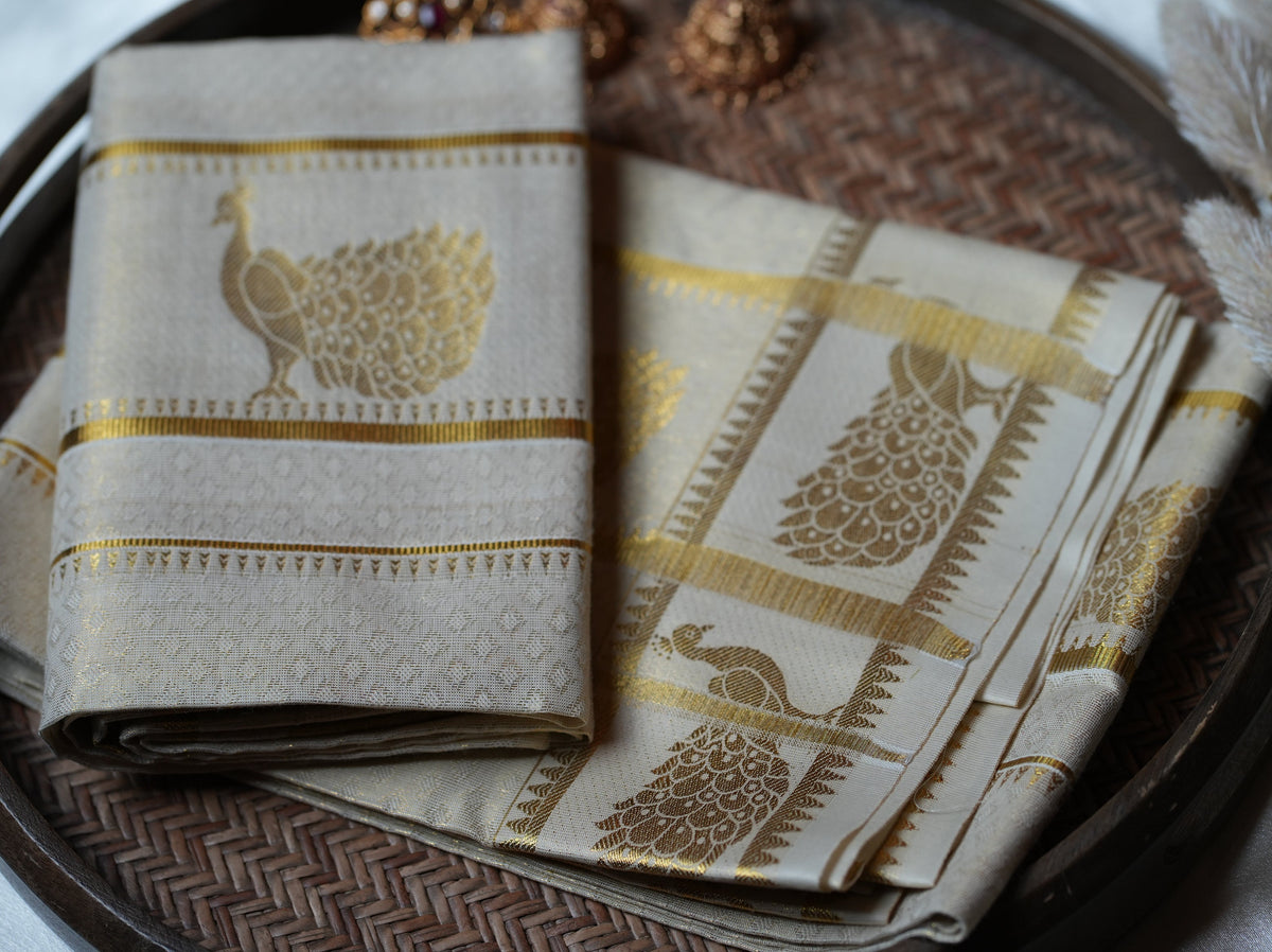 🦚 Royal Peacock Gold Zari Motif: Premium Cotton Single Set Mundu ✨ - SAROYA