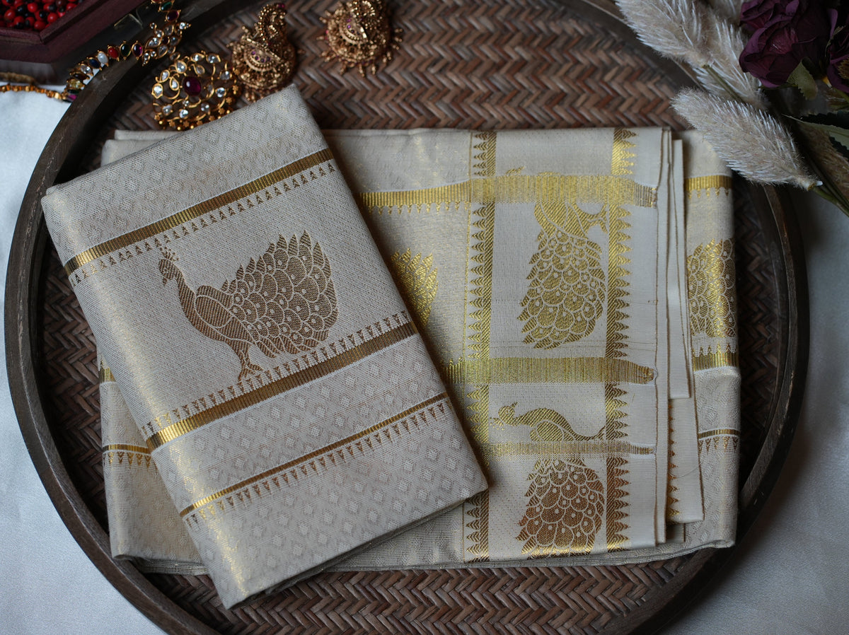 🦚 Royal Peacock Gold Zari Motif: Premium Cotton Single Set Mundu ✨ - SAROYA