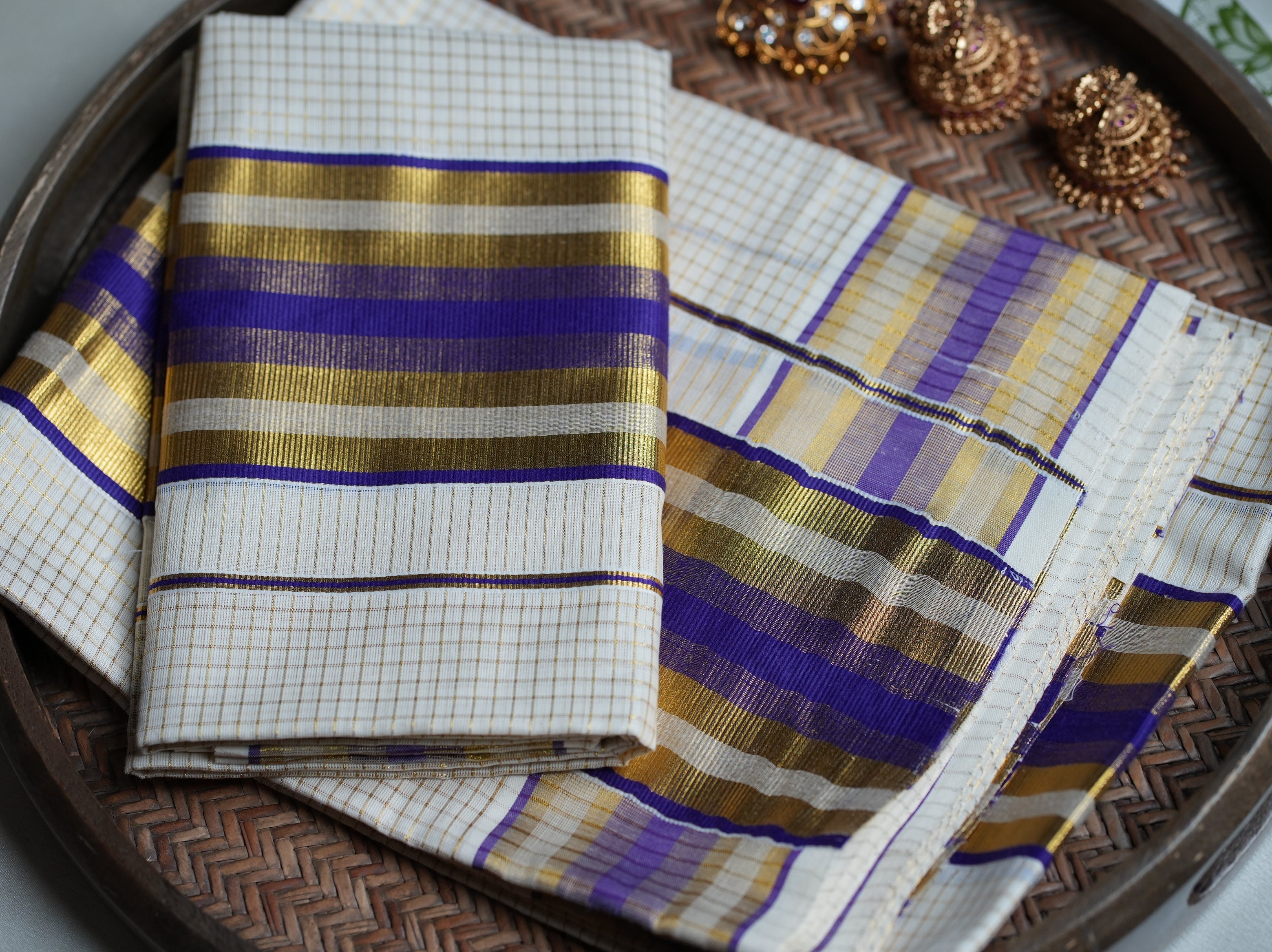 💜 Royal Purple & Gold Checked Cotton Kerala Single Set Mundu ✨ - SAROYA