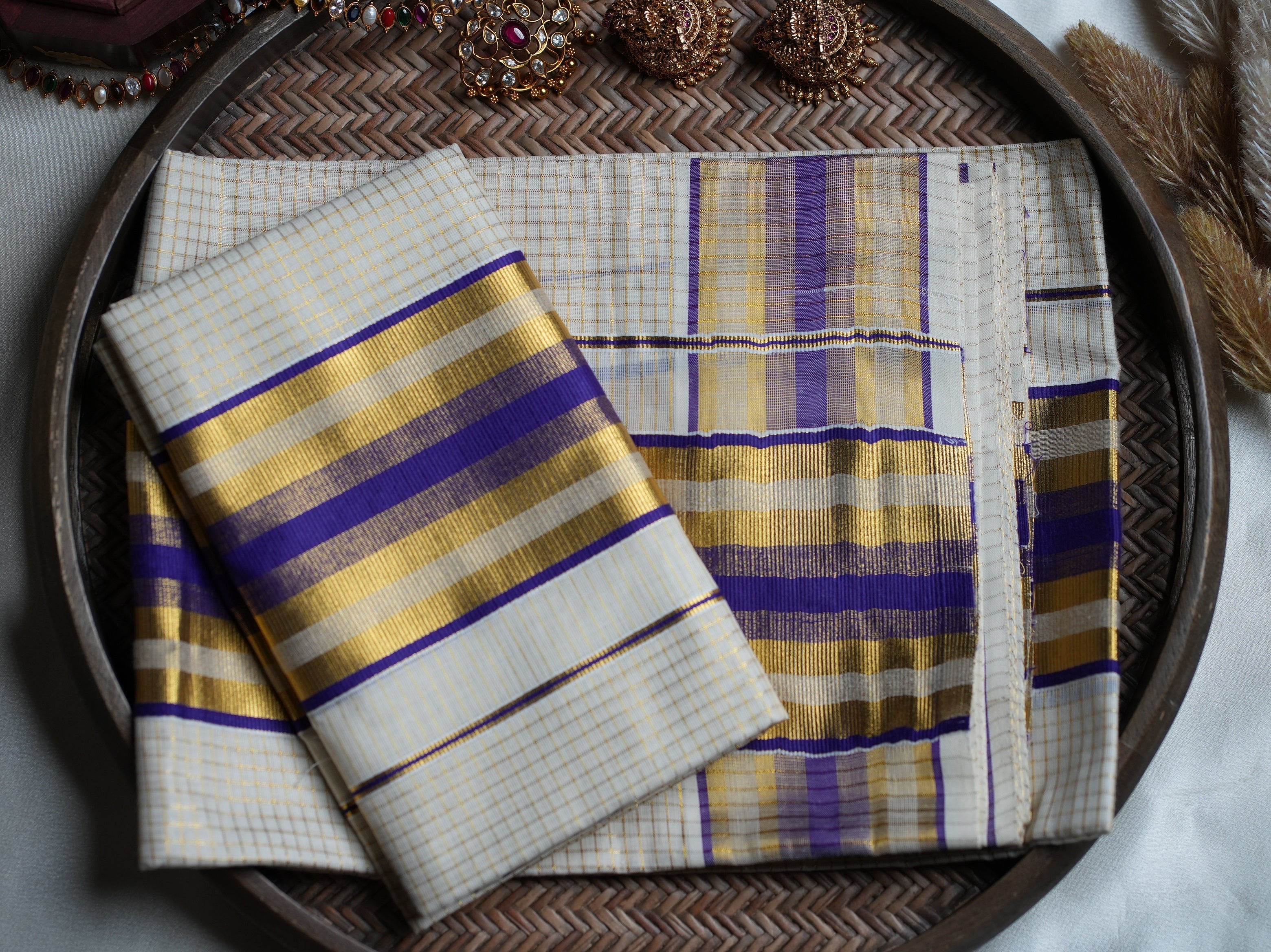 💜 Royal Purple & Gold Checked Cotton Kerala Single Set Mundu ✨ - SAROYA
