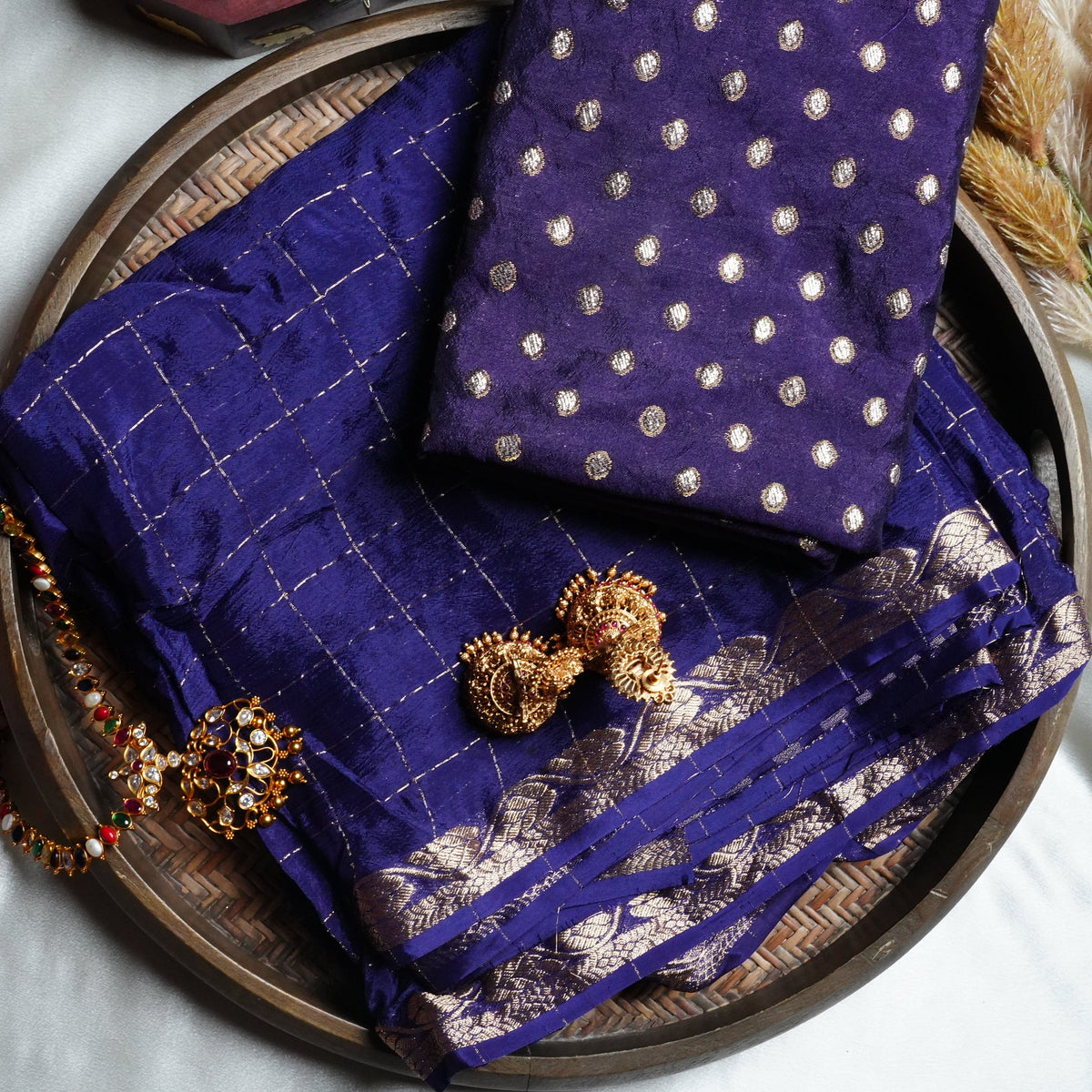 💙 Royal Sapphire Blue Viscose Chinon Saree with Golden Zari Grid Checks & Woven Motif Blouse ✨👑 - SAROYA