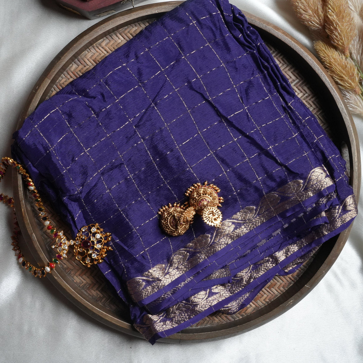 💙 Royal Sapphire Blue Viscose Chinon Saree with Golden Zari Grid Checks & Woven Motif Blouse ✨👑 - SAROYA