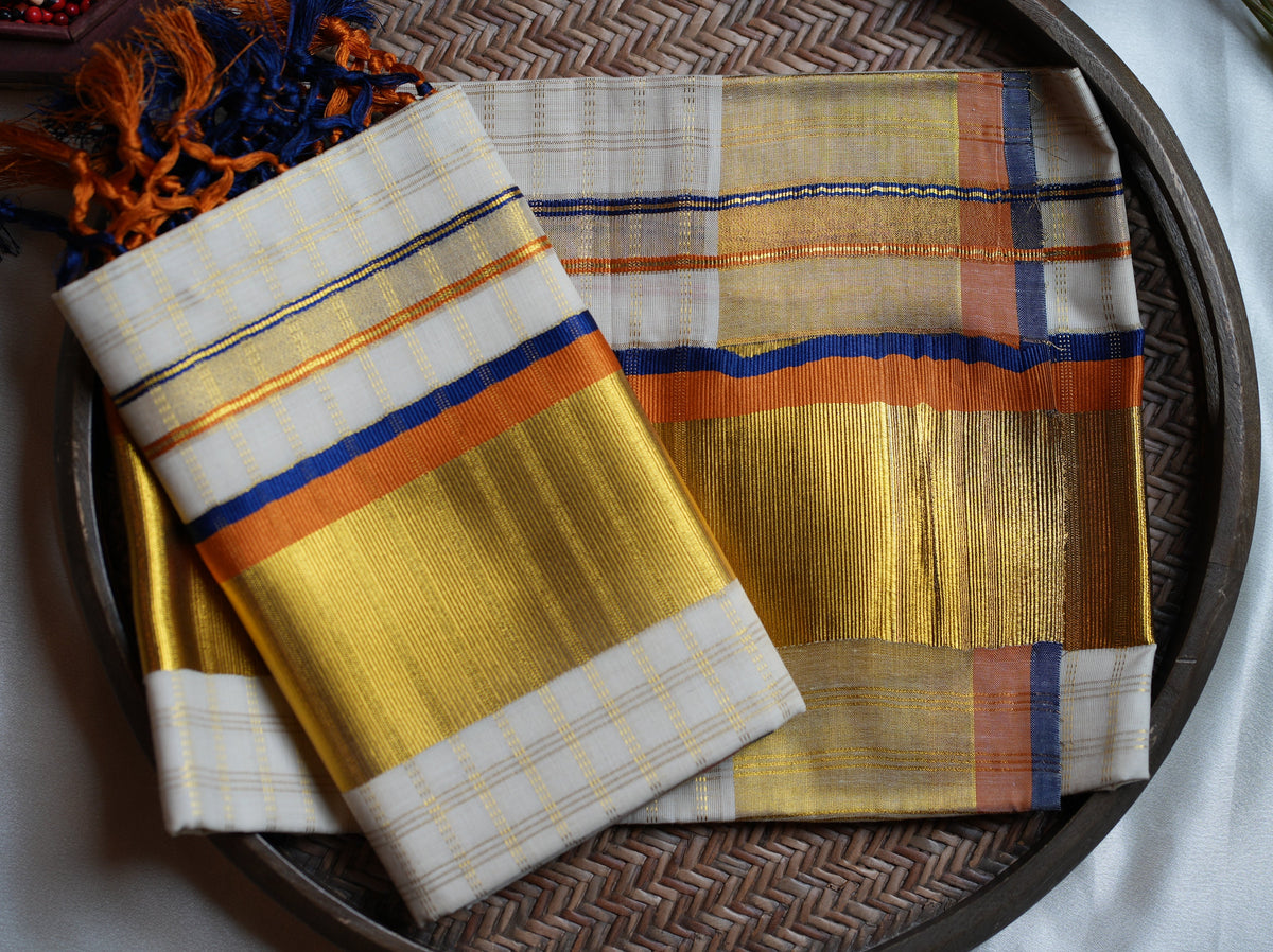 💙 Royal Sunset: Premium Kerala Set Mundu with Gold Checks, Royal Blue & Ochre Orange Borders 🟧 - SAROYA