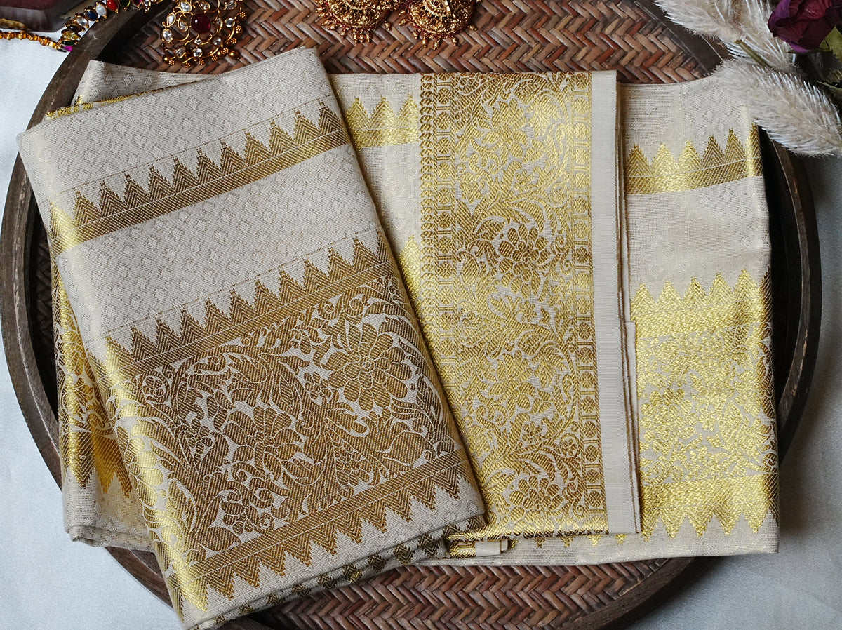 🌾 Royal Temple Puliyilakkara & Floral Jacquard: Premium Cotton Single Set Mundu ✨ - SAROYA