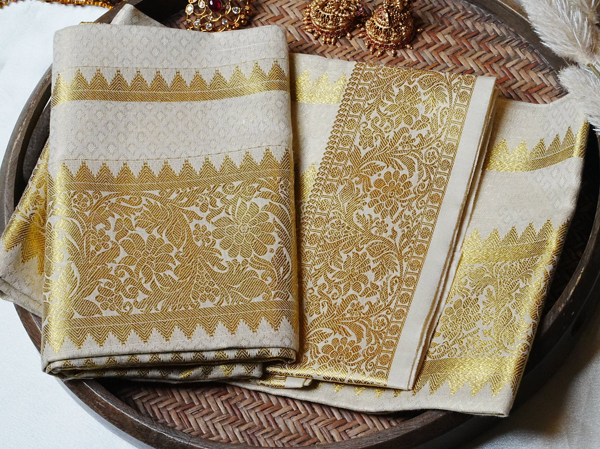 🌾 Royal Temple Puliyilakkara & Floral Jacquard: Premium Cotton Single Set Mundu ✨ - SAROYA