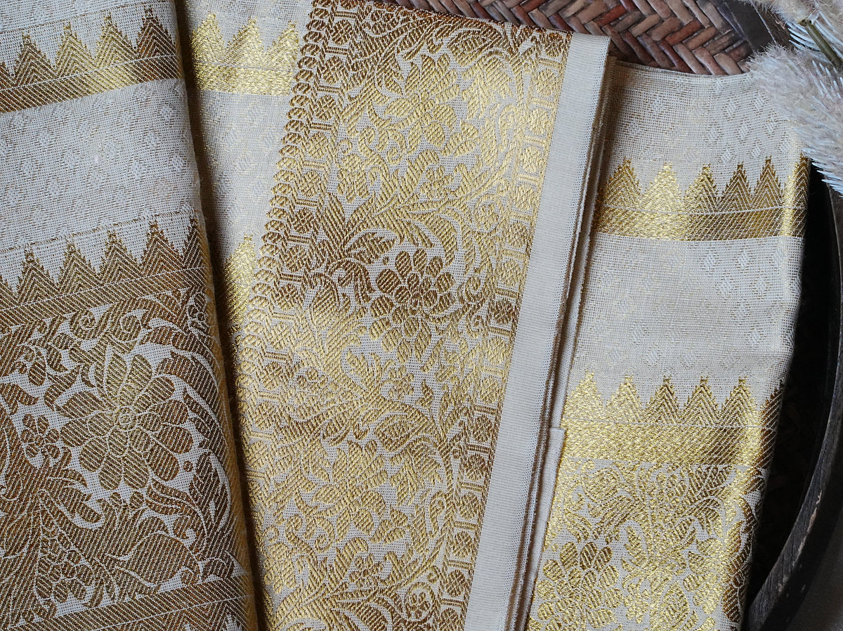 🌾 Royal Temple Puliyilakkara & Floral Jacquard: Premium Cotton Single Set Mundu ✨ - SAROYA