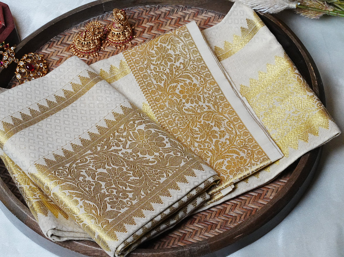 🌾 Royal Temple Puliyilakkara & Floral Jacquard: Premium Cotton Single Set Mundu ✨ - SAROYA