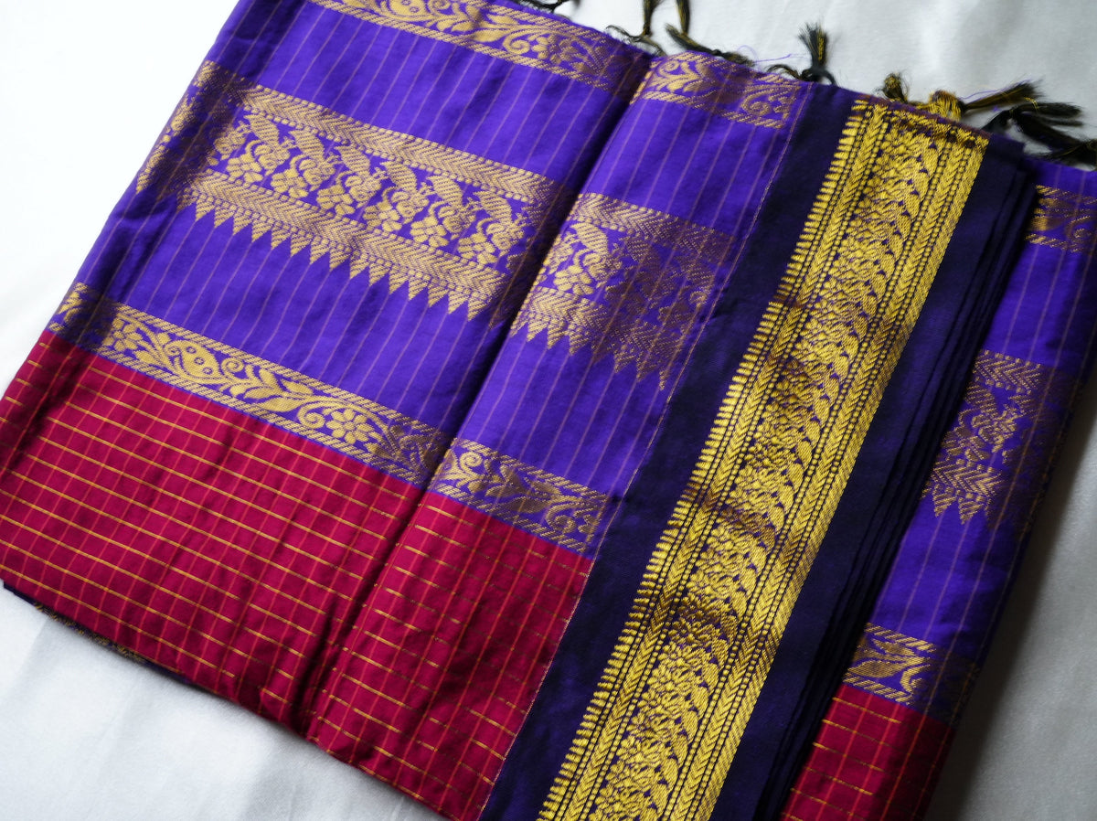 💜 Royal Violet-Blue Kalyani Cotton Saree with Crimson Check Border & Gold Zari Weave ✨🥻 - SAROYA