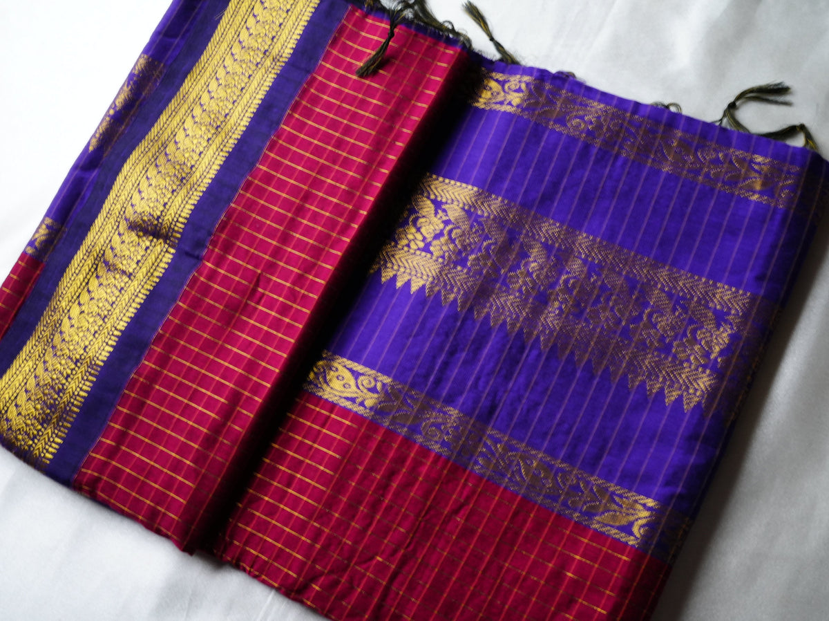 💜 Royal Violet-Blue Kalyani Cotton Saree with Crimson Check Border & Gold Zari Weave ✨🥻 - SAROYA
