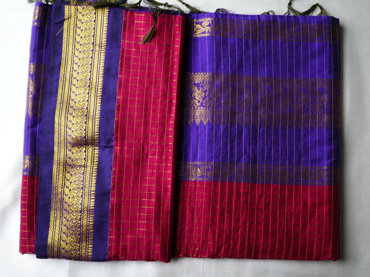 💜 Royal Violet-Blue Kalyani Cotton Saree with Crimson Check Border & Gold Zari Weave ✨🥻 - SAROYA