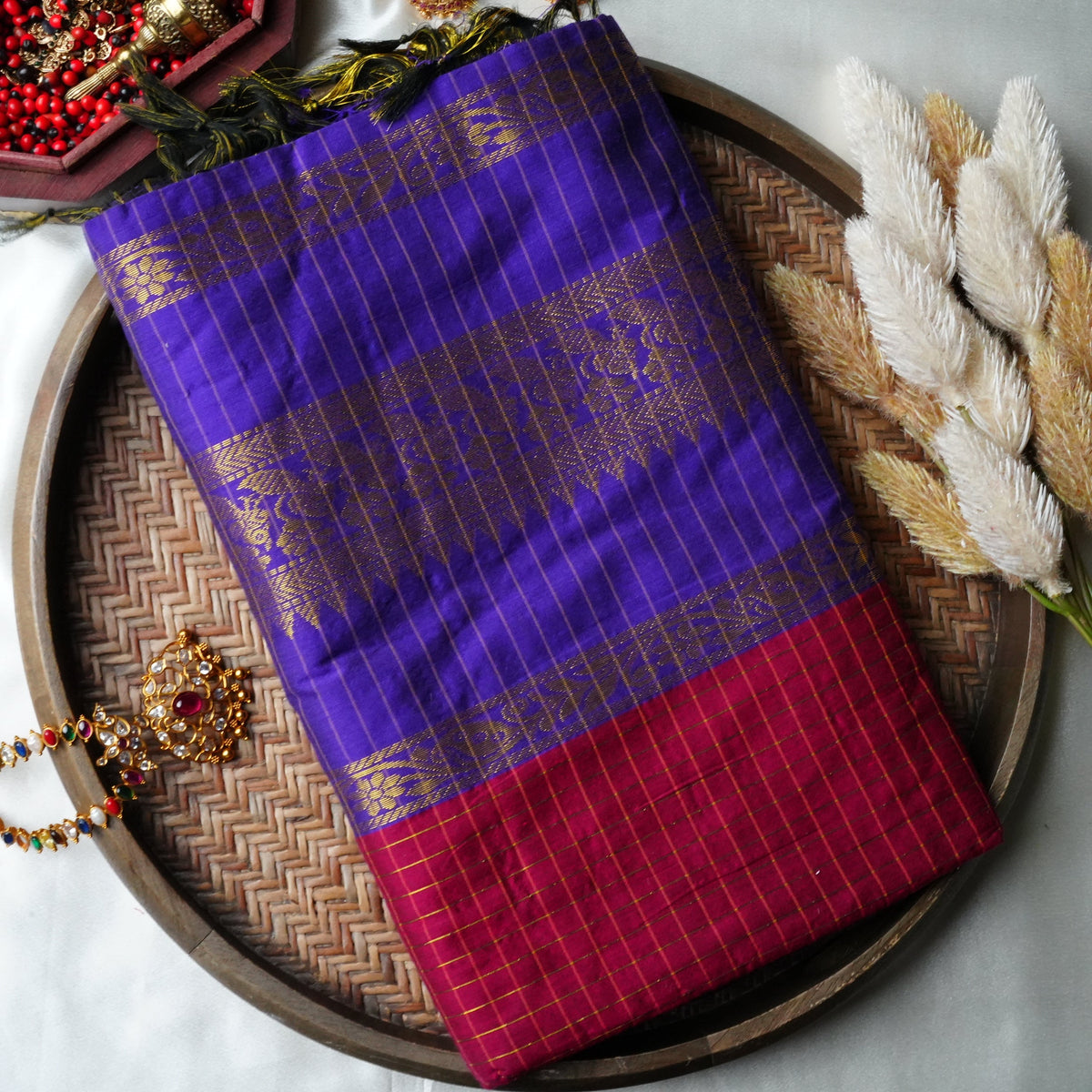 💜 Royal Violet-Blue Kalyani Cotton Saree with Crimson Check Border & Gold Zari Weave ✨🥻 - SAROYA