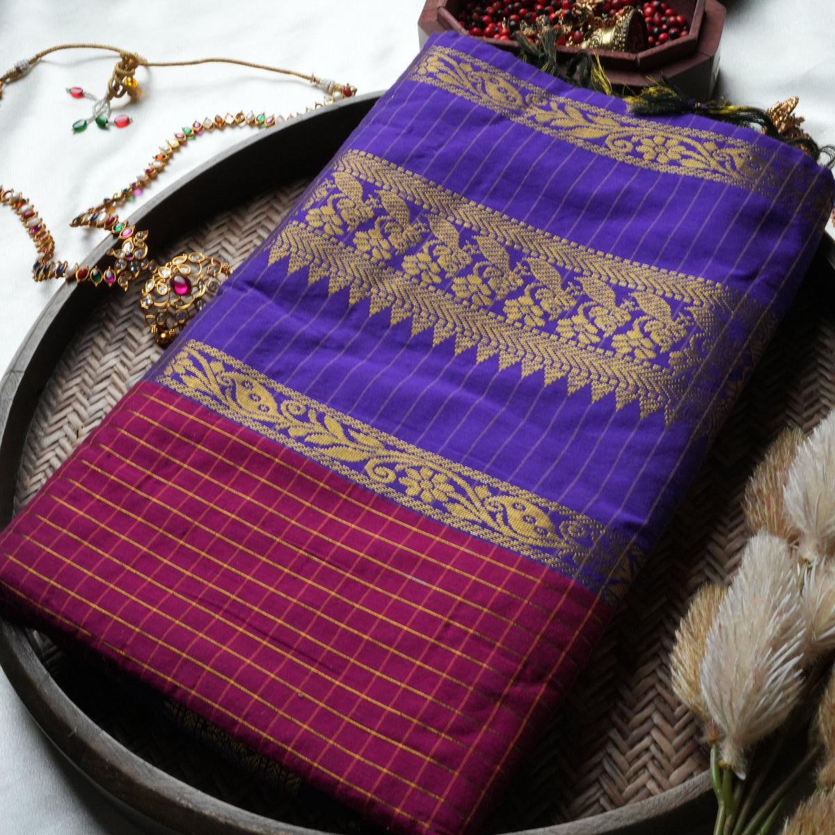 💜 Royal Violet-Blue Kalyani Cotton Saree with Crimson Check Border & Gold Zari Weave ✨🥻 - SAROYA